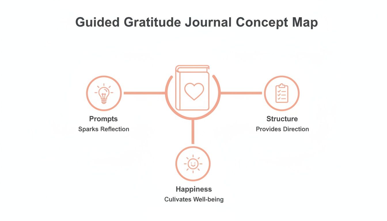 A concept map illustrating a guided gratitude journal, connecting prompts, structure, and happiness.