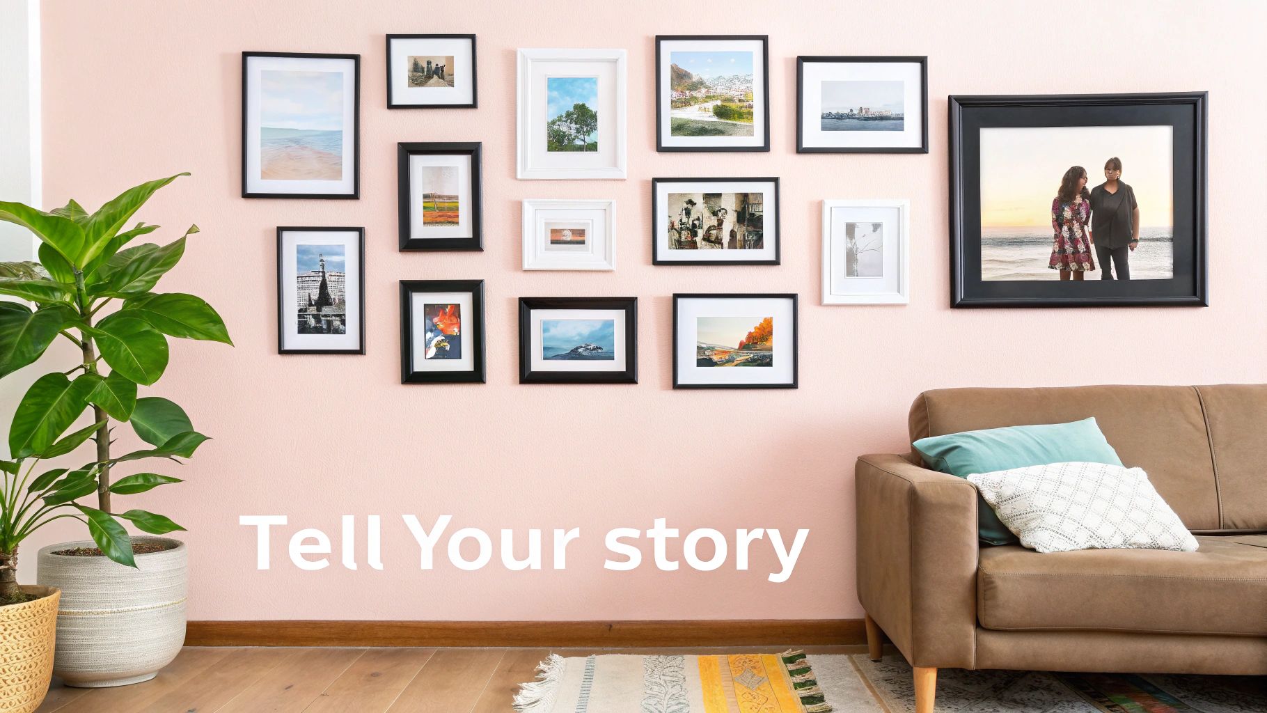 A beautifully arranged gallery wall featuring various frame sizes and styles above a modern sideboard.