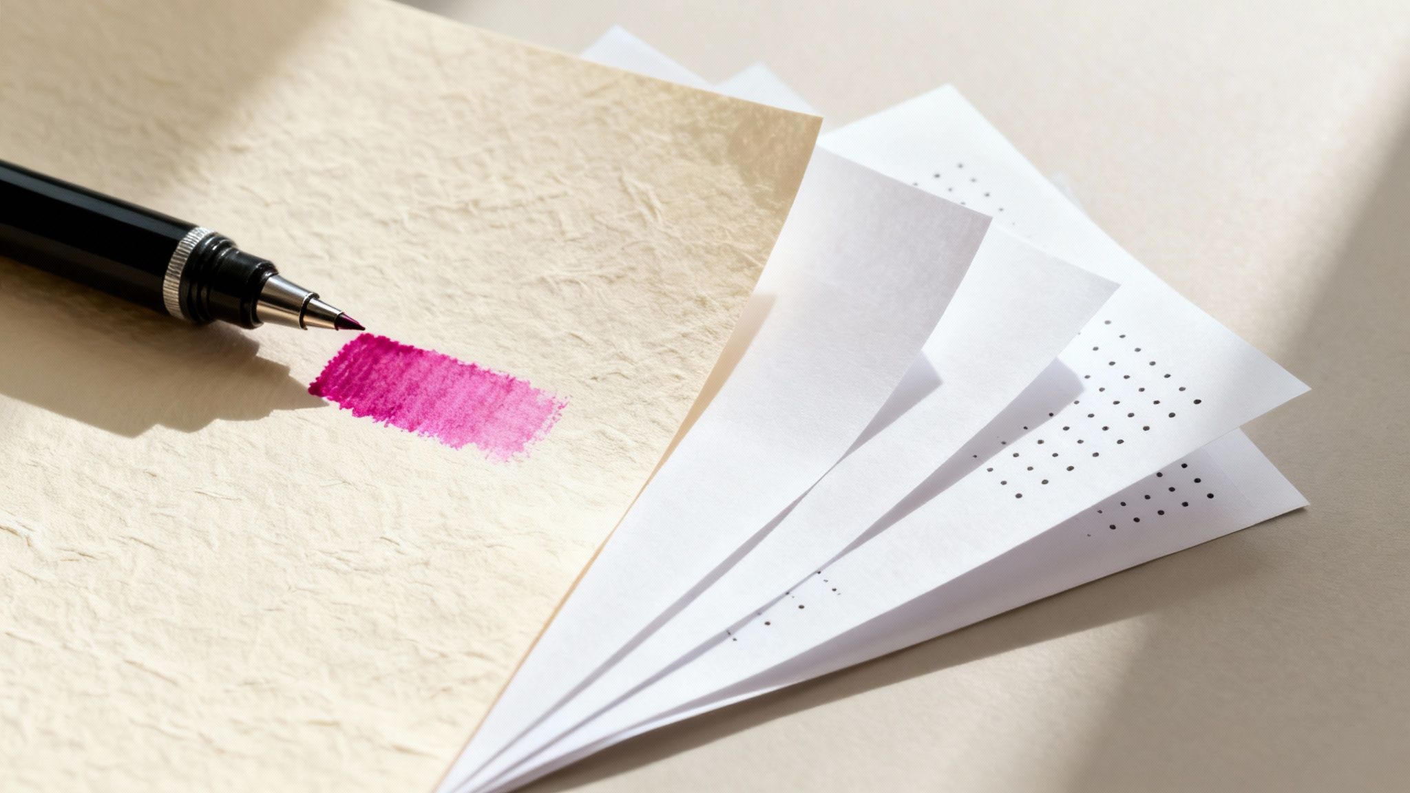 A black pen creates a vibrant pink stroke on textured paper, beside a stack of white dotted sheets.
