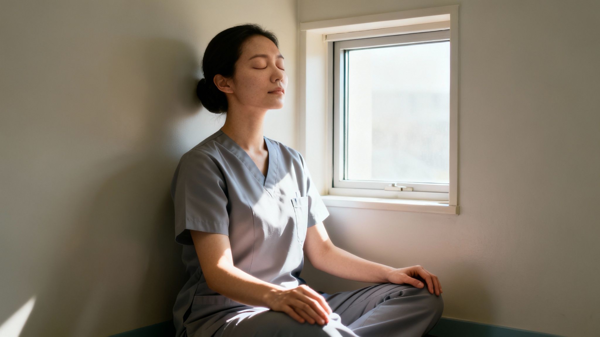 A healthcare worker in scrubs meditates by a sunny window, taking a moment of peace.