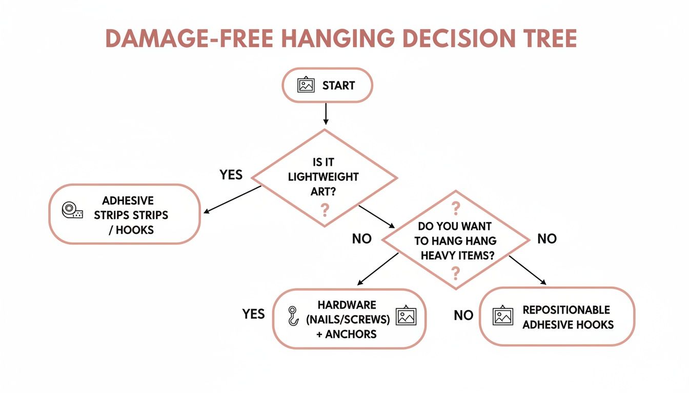 A damage-free hanging decision tree providing solutions based on item weight and desired outcome.
