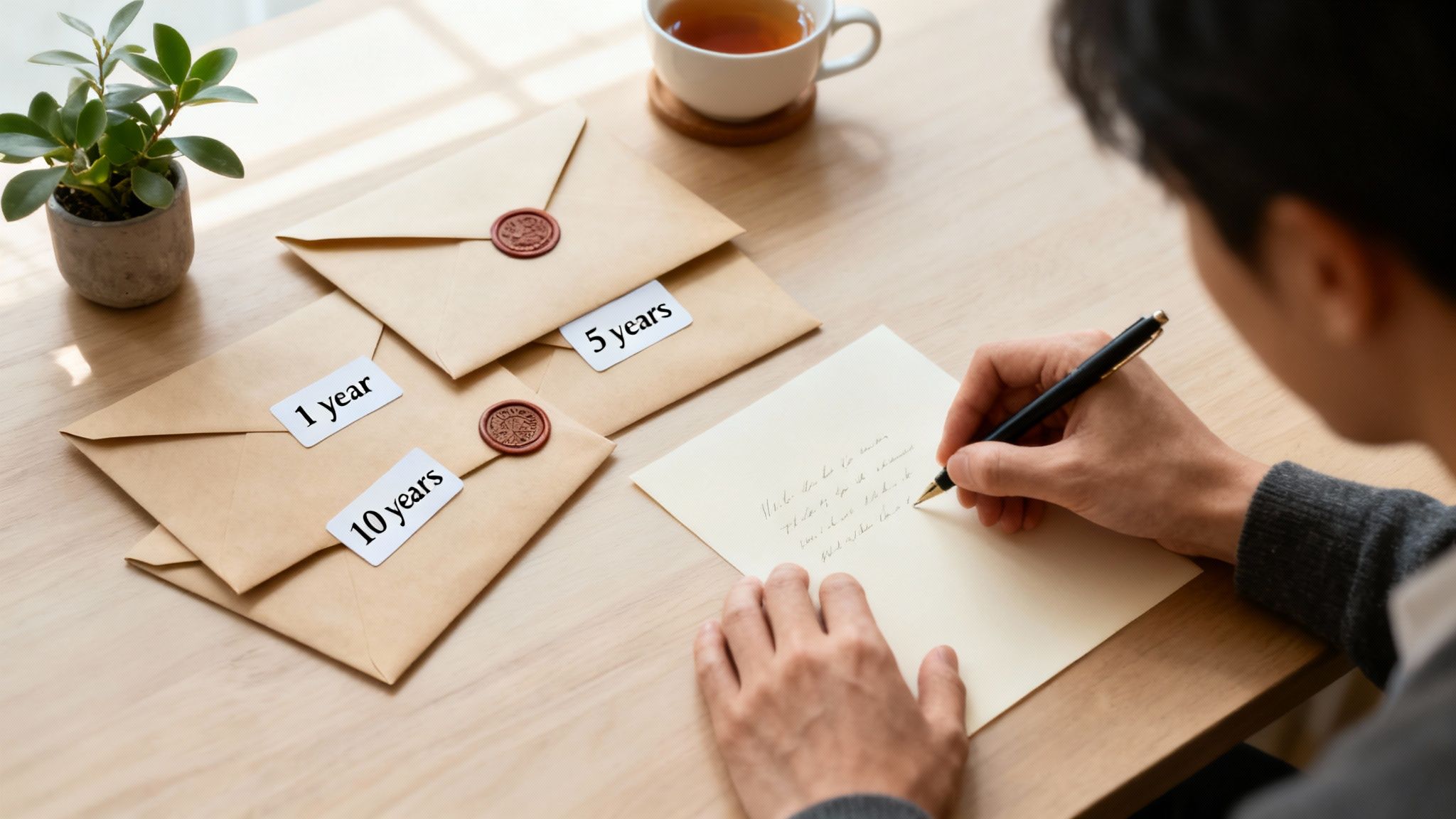 A person writes a letter at a wooden desk, surrounded by sealed envelopes for future years, a plant, and a cup of tea.