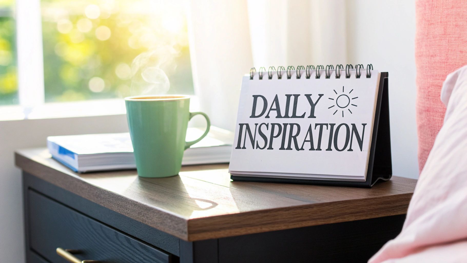 A person holding a daily inspirational quotes calendar with a positive message, set against a calm, well-lit background.