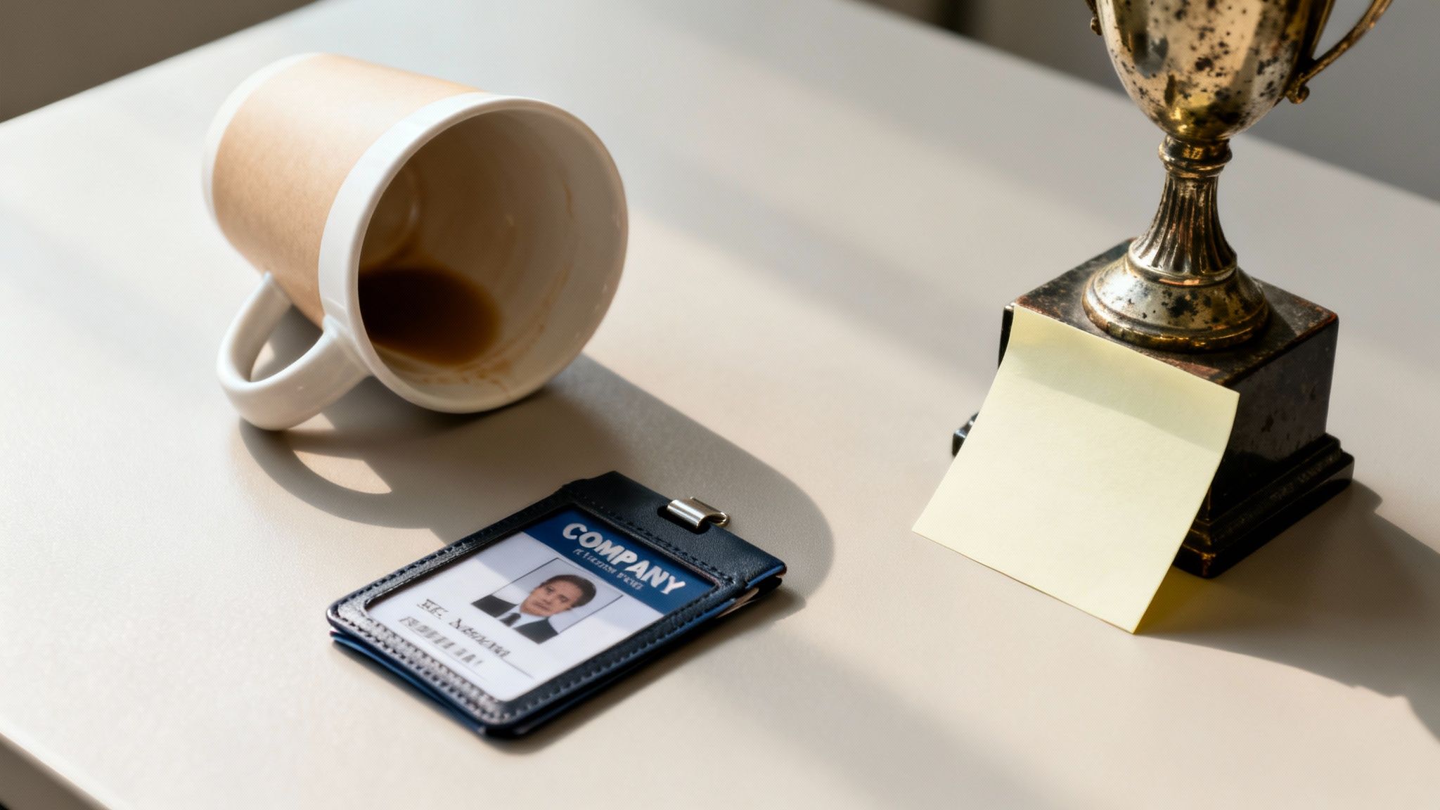 A desk with an empty coffee mug, a company ID badge, and a trophy with a sticky note.