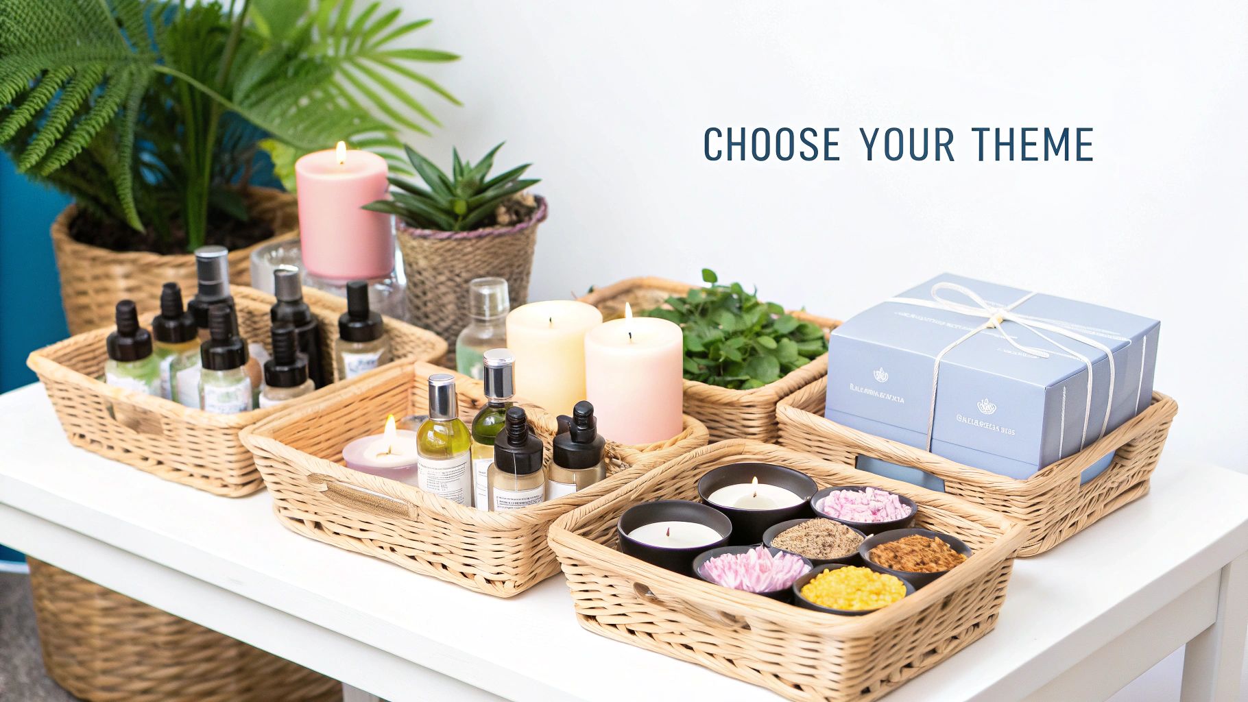A beautifully arranged wellness gift basket with various items like candles, soaps, and natural sponges.