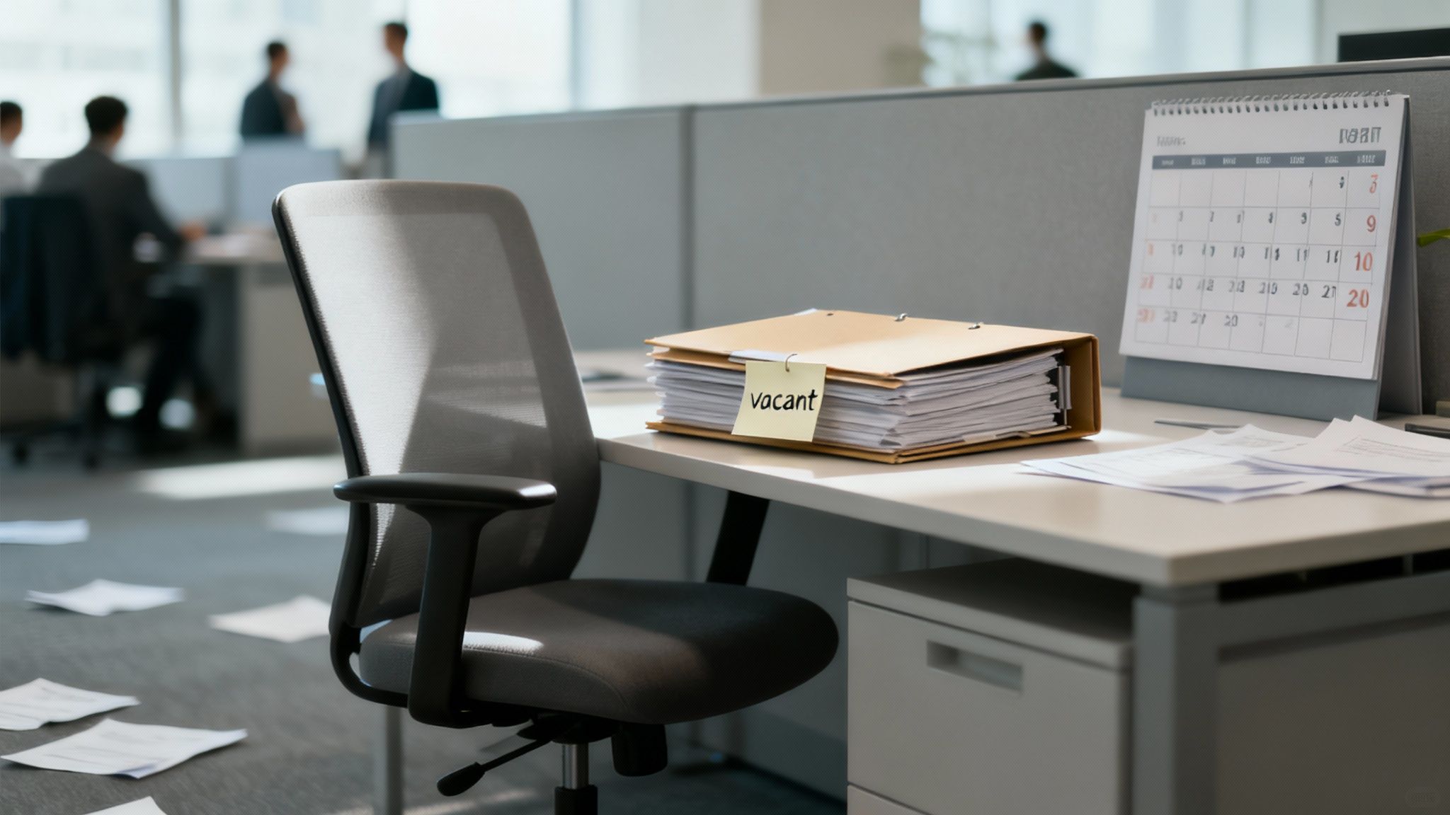 Empty office desk with vacant sign on folder, black chair and calendar showing employee turnover