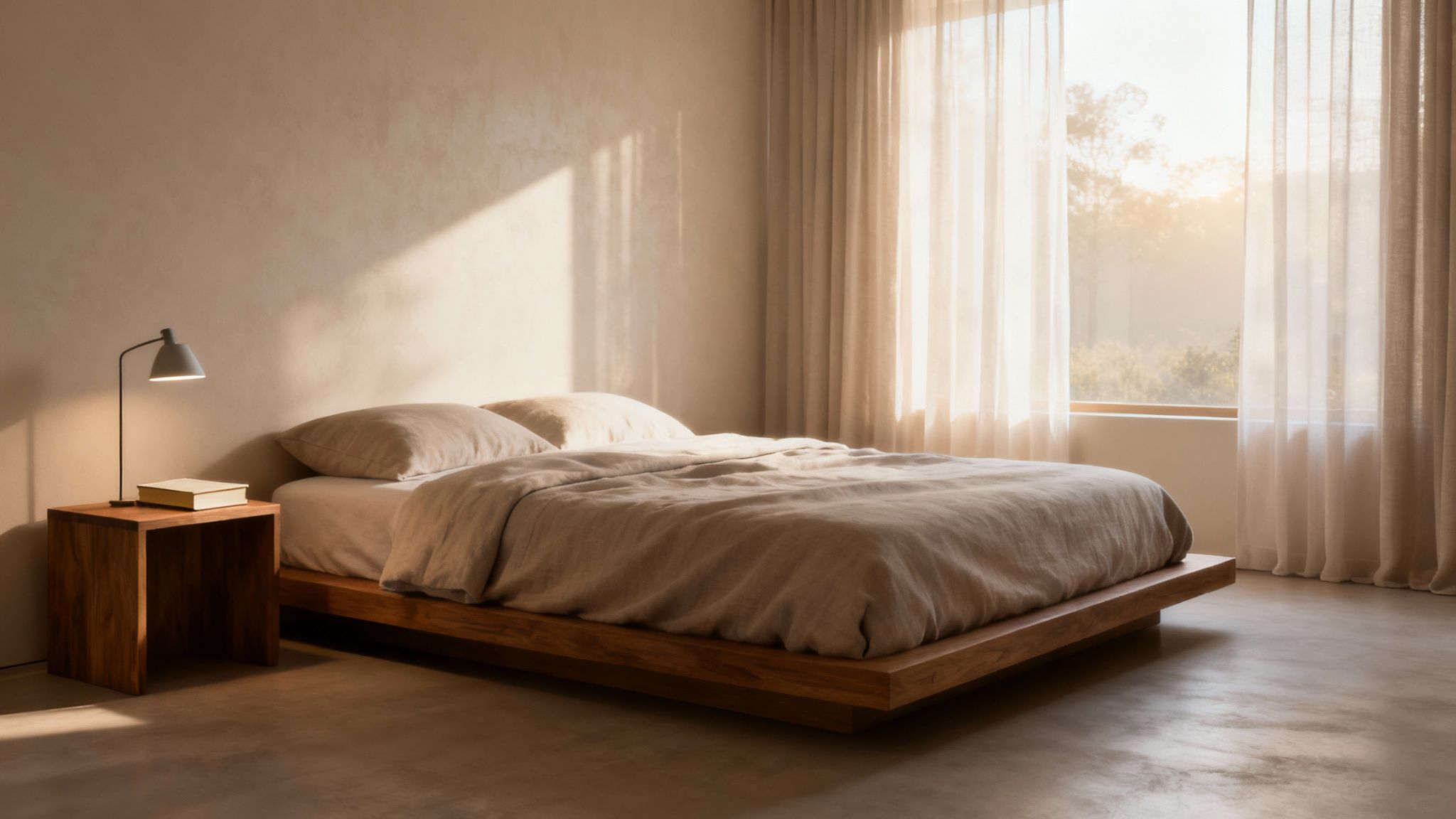 Minimalist bedroom with low wooden platform bed, neutral linens, and natural sunlight through sheer curtains