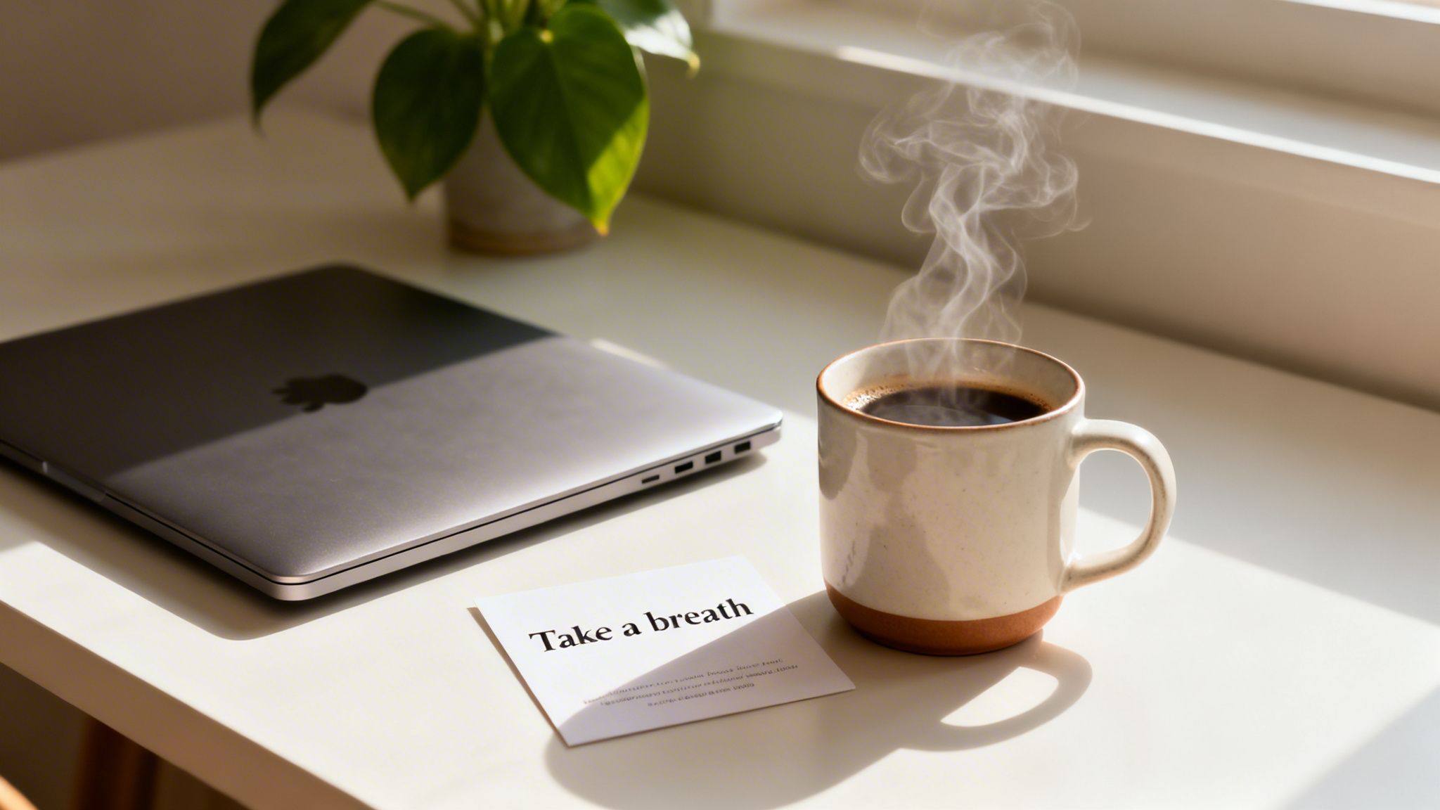 A serene workspace with a laptop, a steaming cup of coffee, and a 'Take a breath' card on a sunny desk.