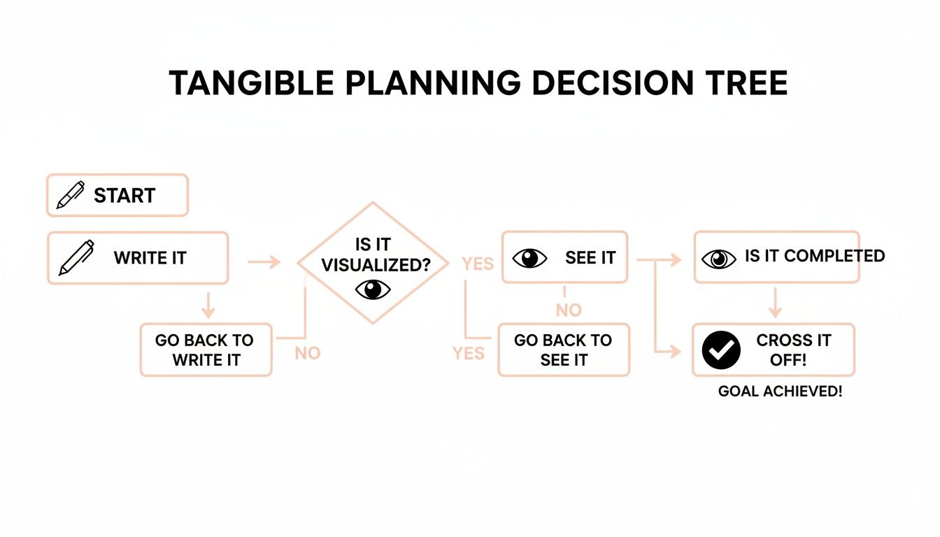 A flowchart showing a tangible planning decision tree to achieve goals through writing, visualizing, and seeing completion.