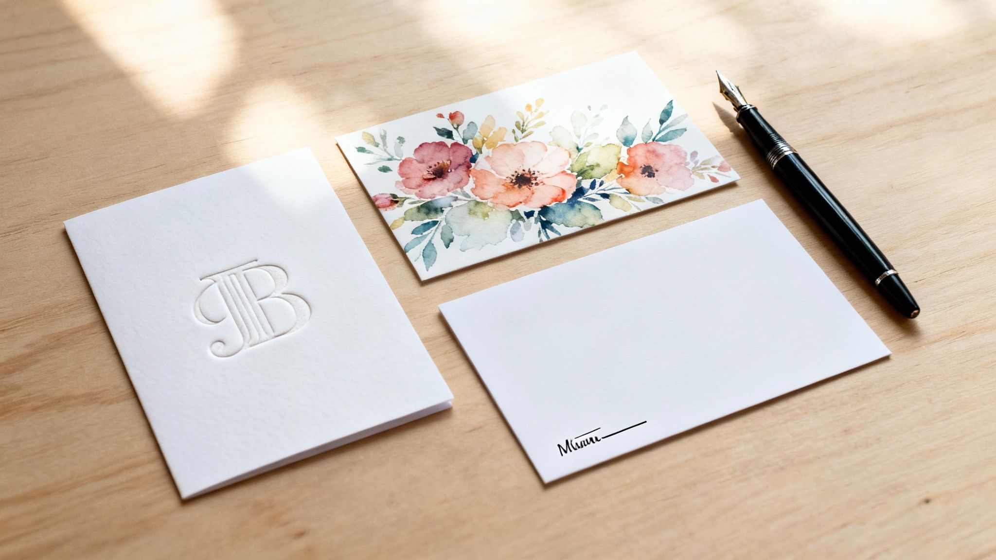 A close-up of personalized stationery, including a monogrammed card, a floral watercolor card, and a fountain pen on wood.
