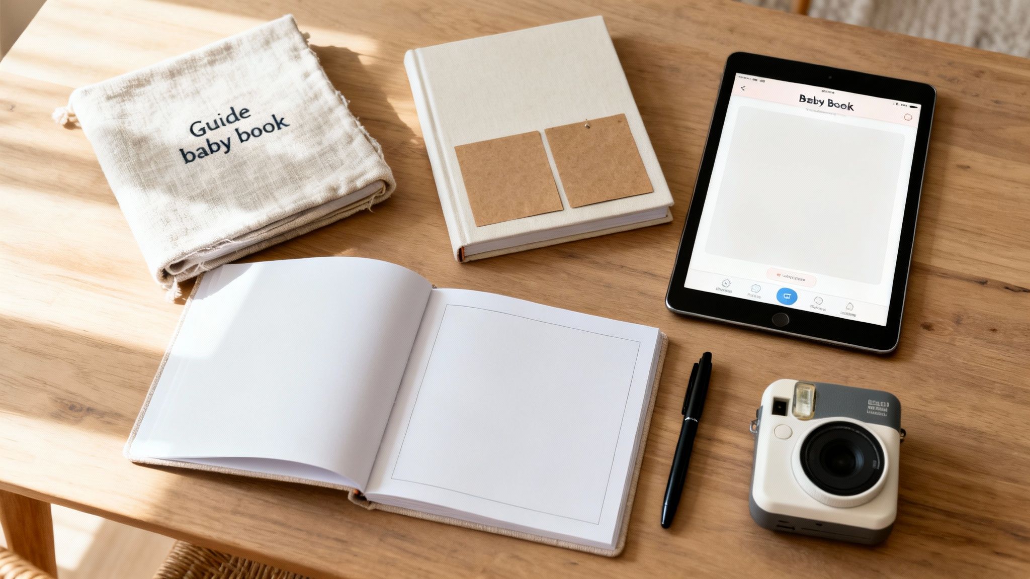 A flat lay shows baby book essentials: an open book, tablet, instant camera, and guide.