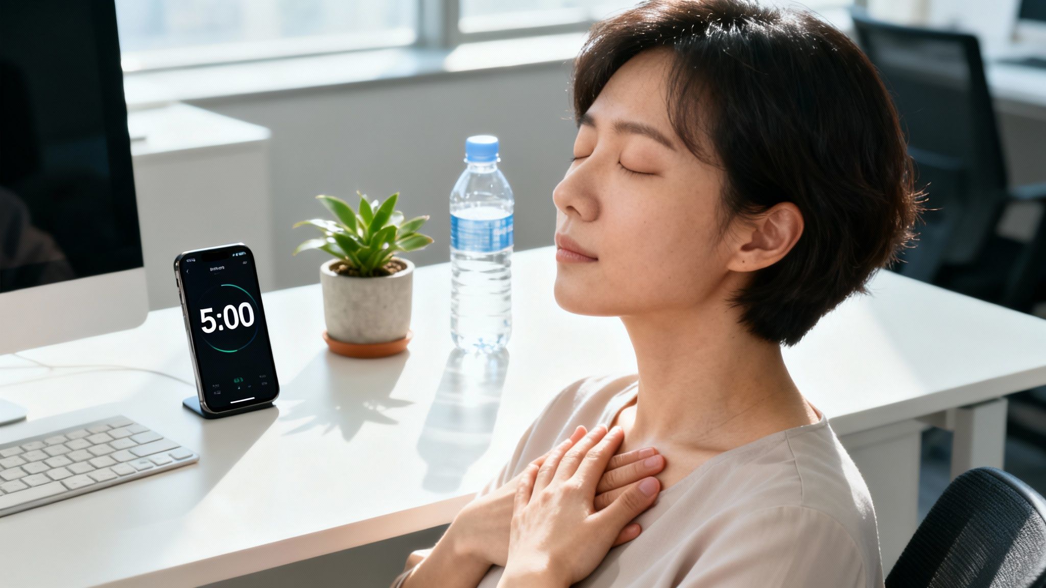 A woman with her eyes closed meditating at her office desk, with a phone timer set to 5:00.