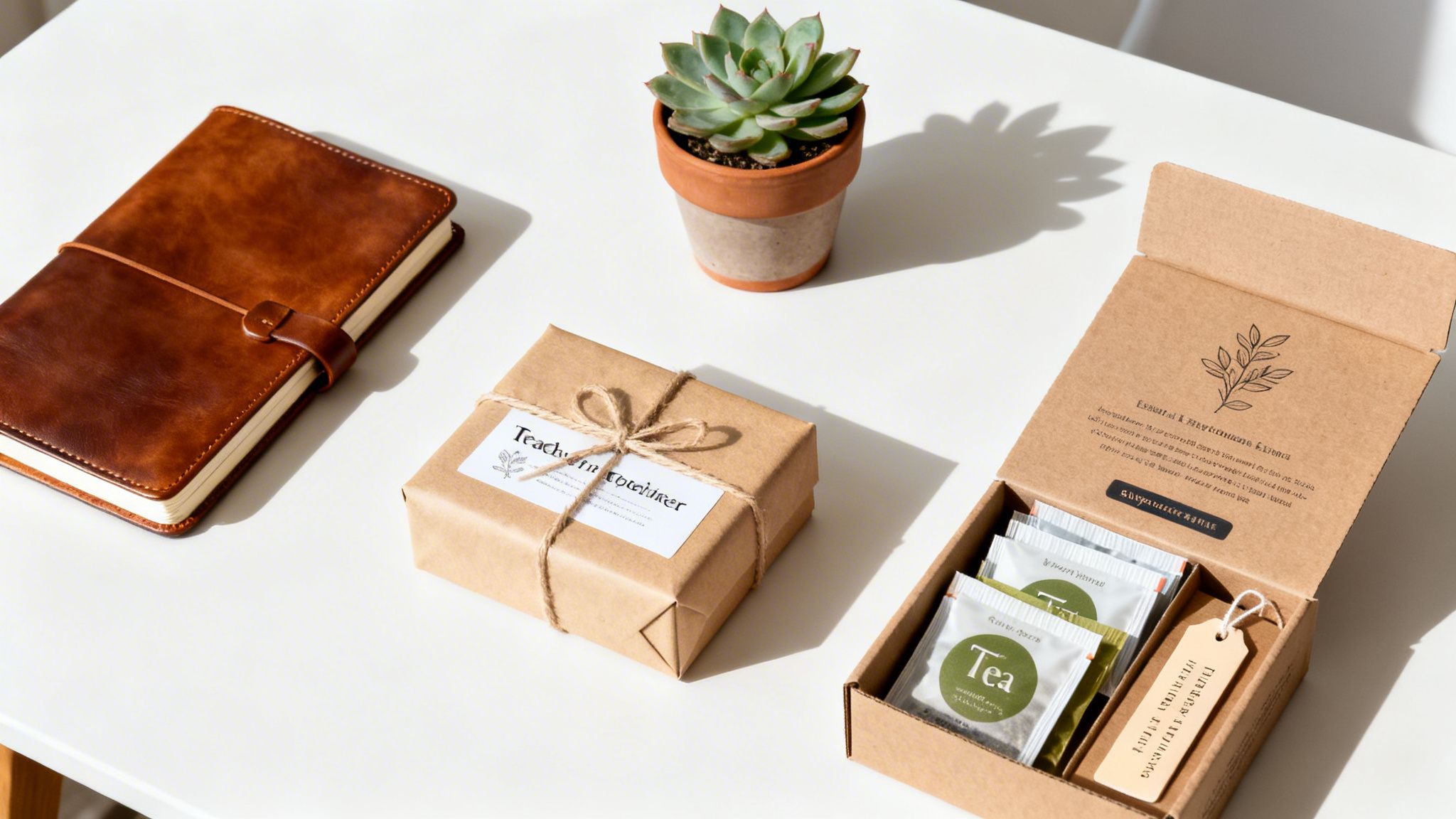 Thoughtful gifts for teachers, including a brown journal, tea, and a succulent plant.
