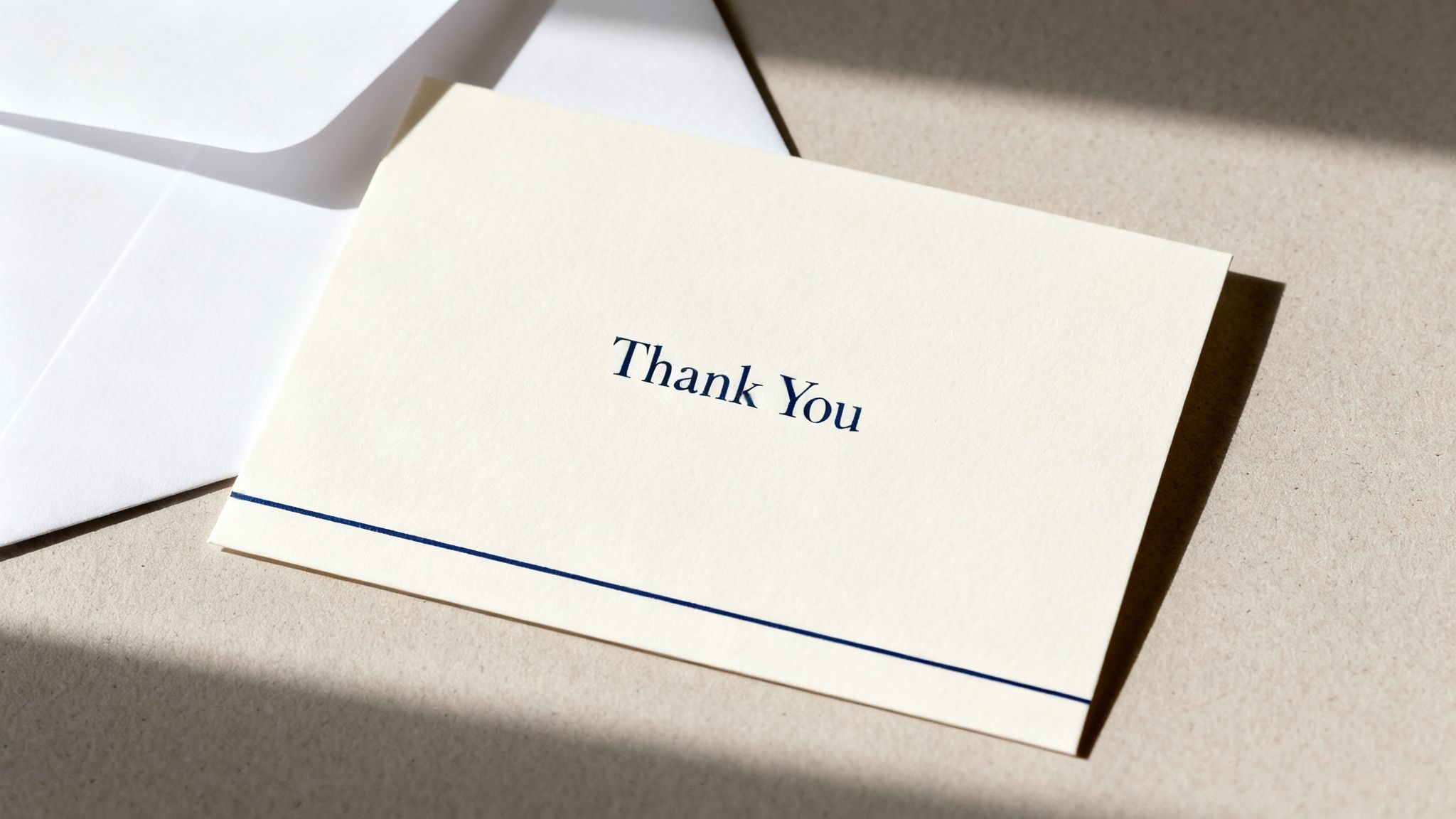 A cream-colored thank you card featuring blue "Thank You" text and a blue line, next to white envelopes.
