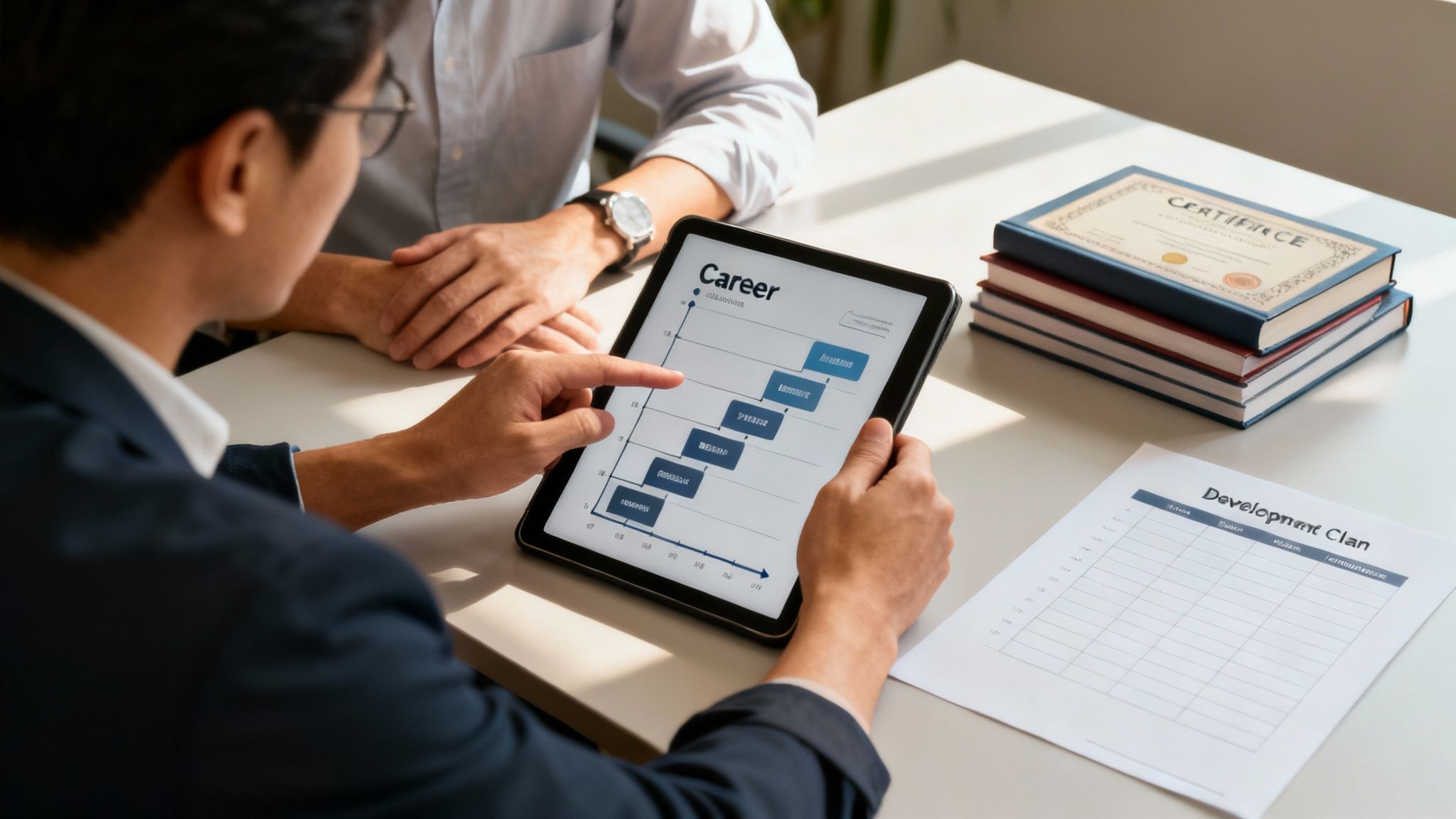 Career development planning meeting with tablet showing career progression chart and development plan document
