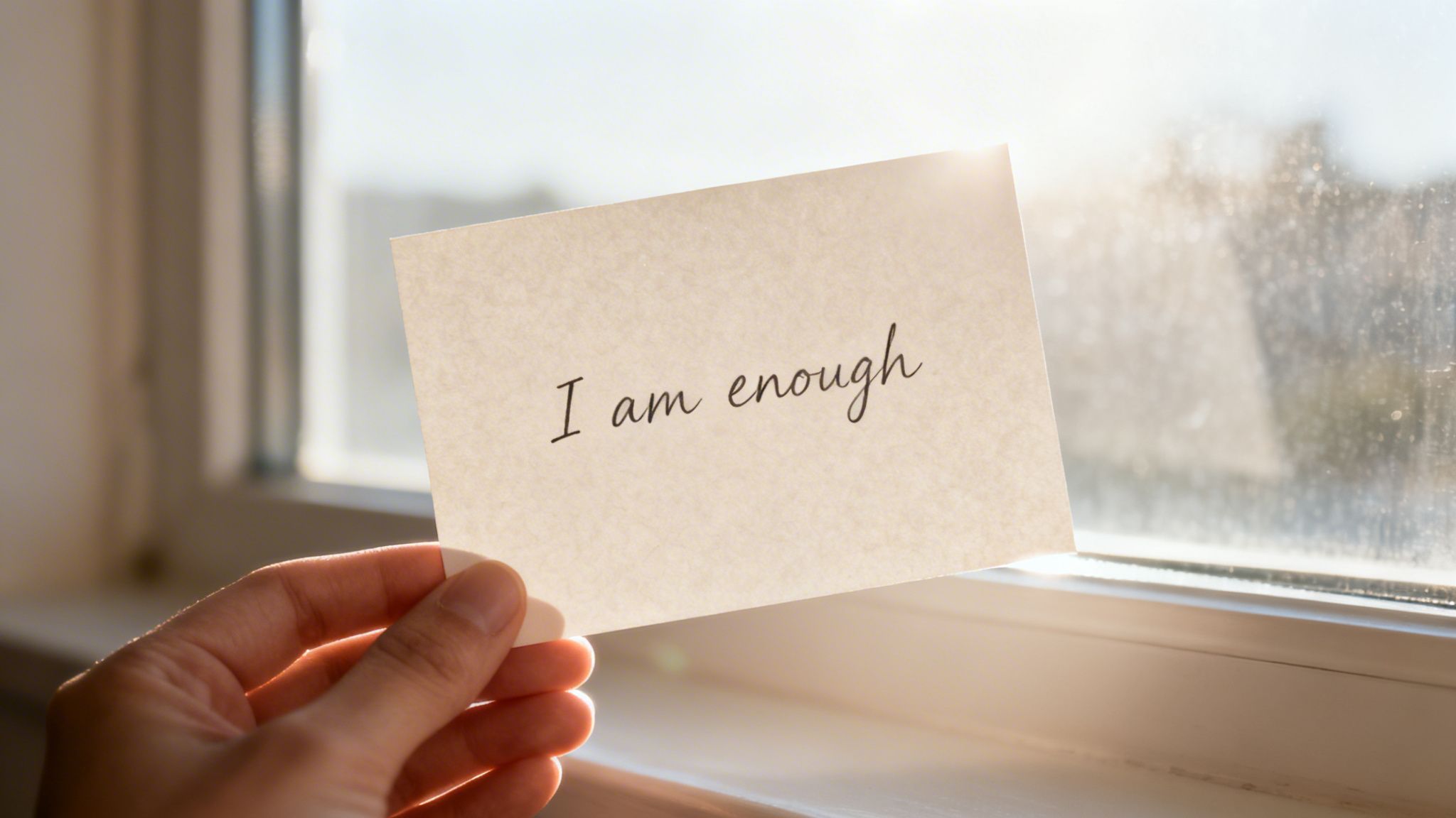 A person's hand holds a card with the affirmation "I am enough" against a bright, sunny window.