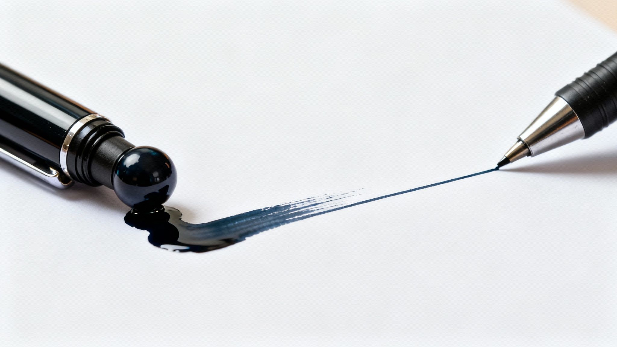 A black rollerball pen with spilled ink contrasted with a ballpoint pen drawing a neat line.