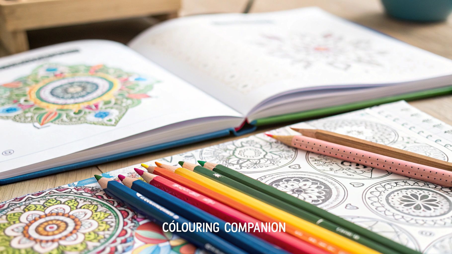 A person colouring in a book with a variety of colouring pencils neatly arranged next to them.