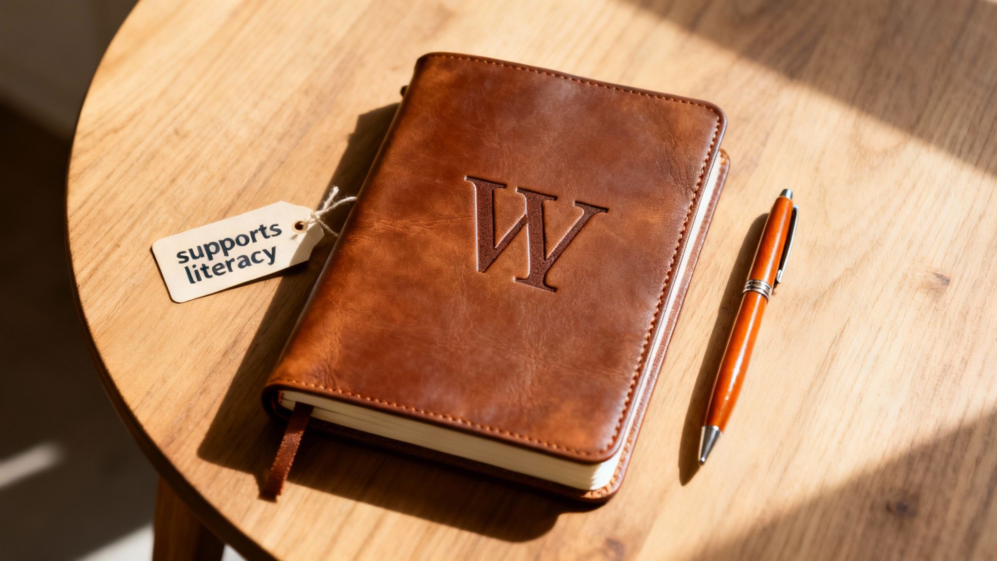 Brown leather journal with an embossed 'W' and a 'supports literacy' tag, next to a pen.