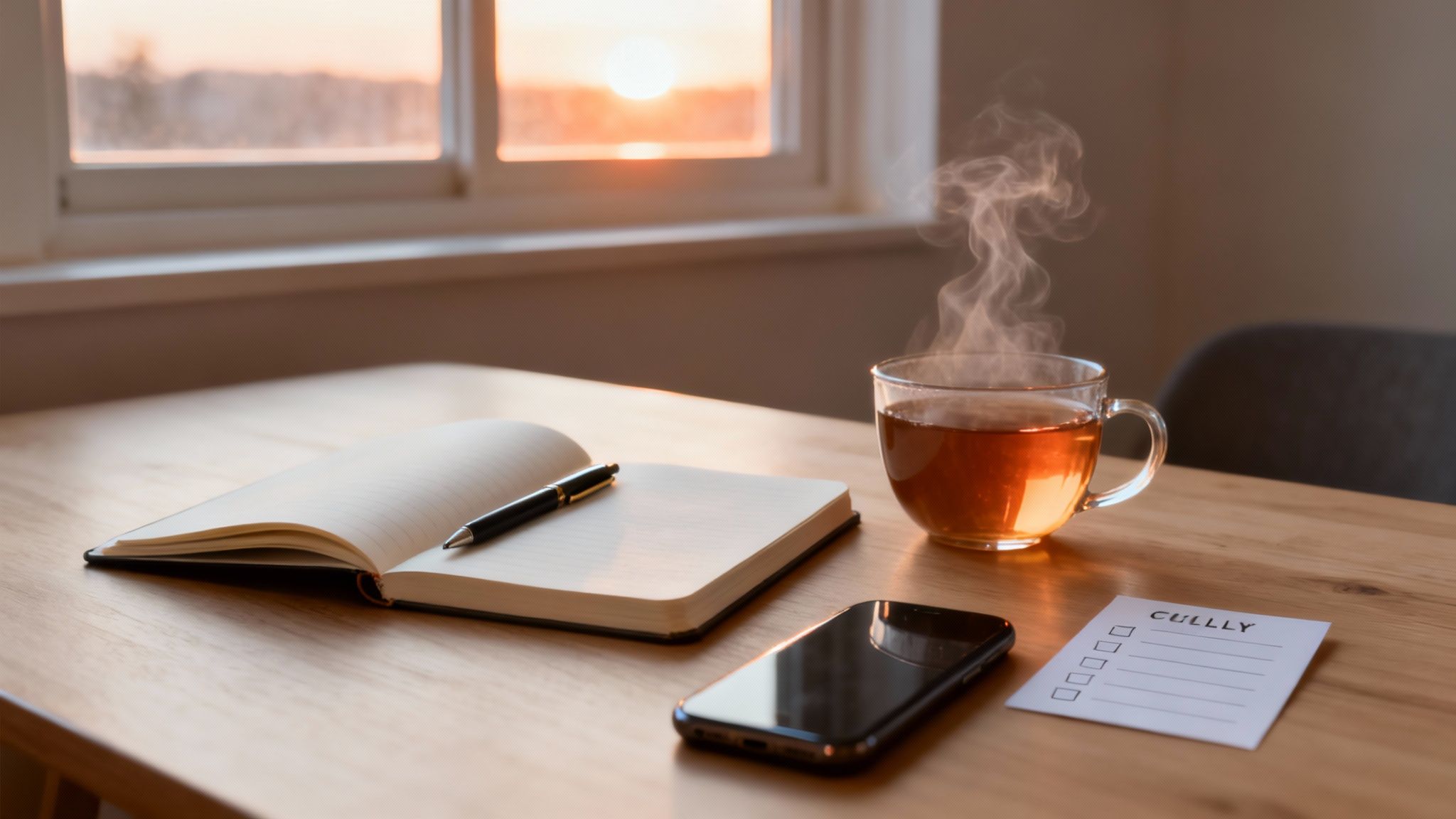 A cozy desk with an open notebook, pen, steaming tea, phone, and checklist, overlooking a sunset.