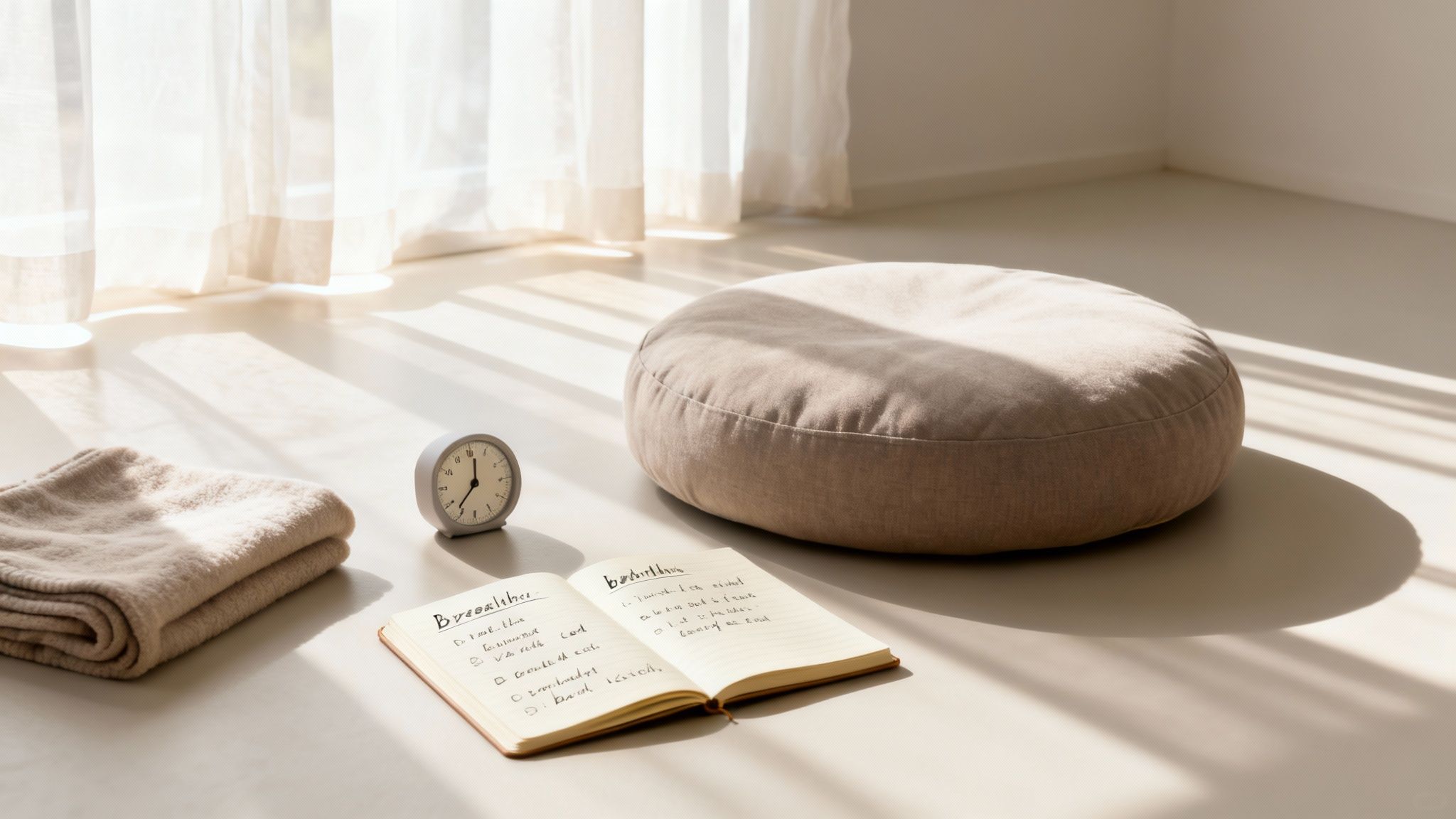 A peaceful morning scene with a meditation cushion, blanket, clock, and notebook in a sunlit room.