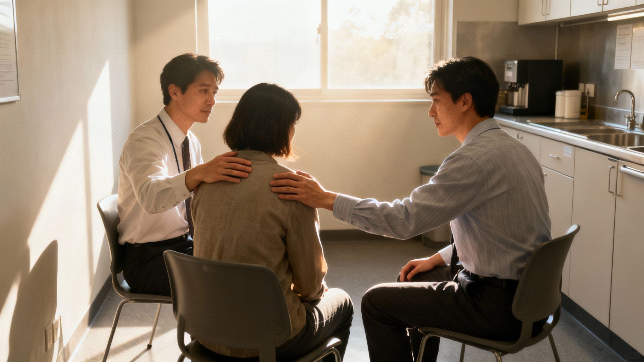 Two men provide comfort and support to a woman, sitting together in a sunlit room.