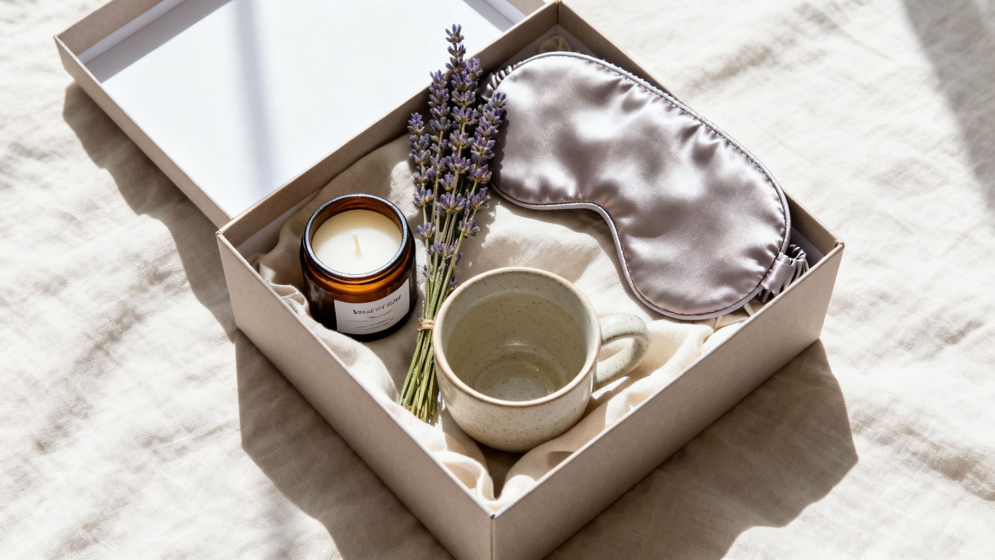 A thoughtfully curated self-care gift box featuring a candle, lavender, a ceramic mug, and a silk eye mask on a light fabric.