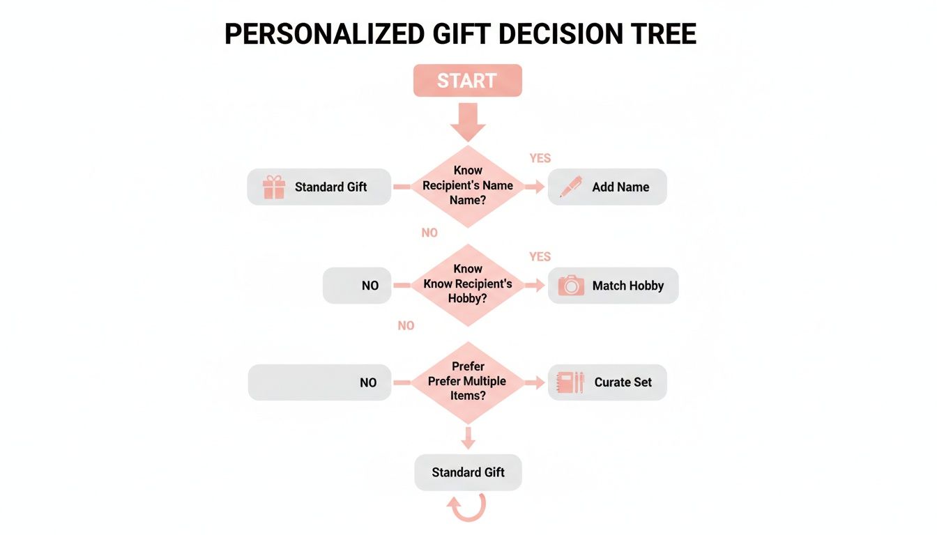 A flowchart illustrating a personalized gift decision tree based on recipient's name, hobby, and multiple items preference.
