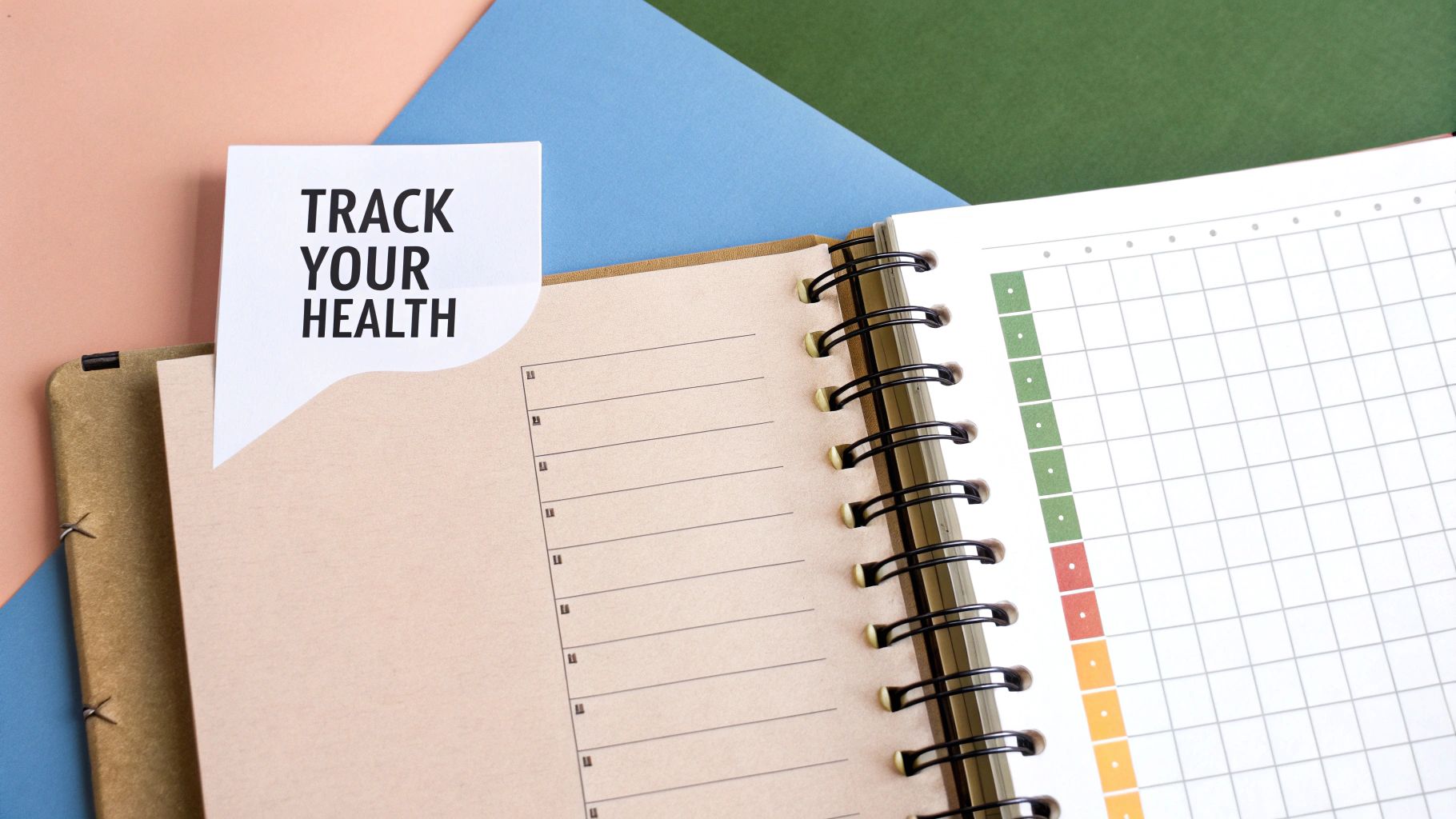 A journal open with colorful pens and healthy snacks around it.