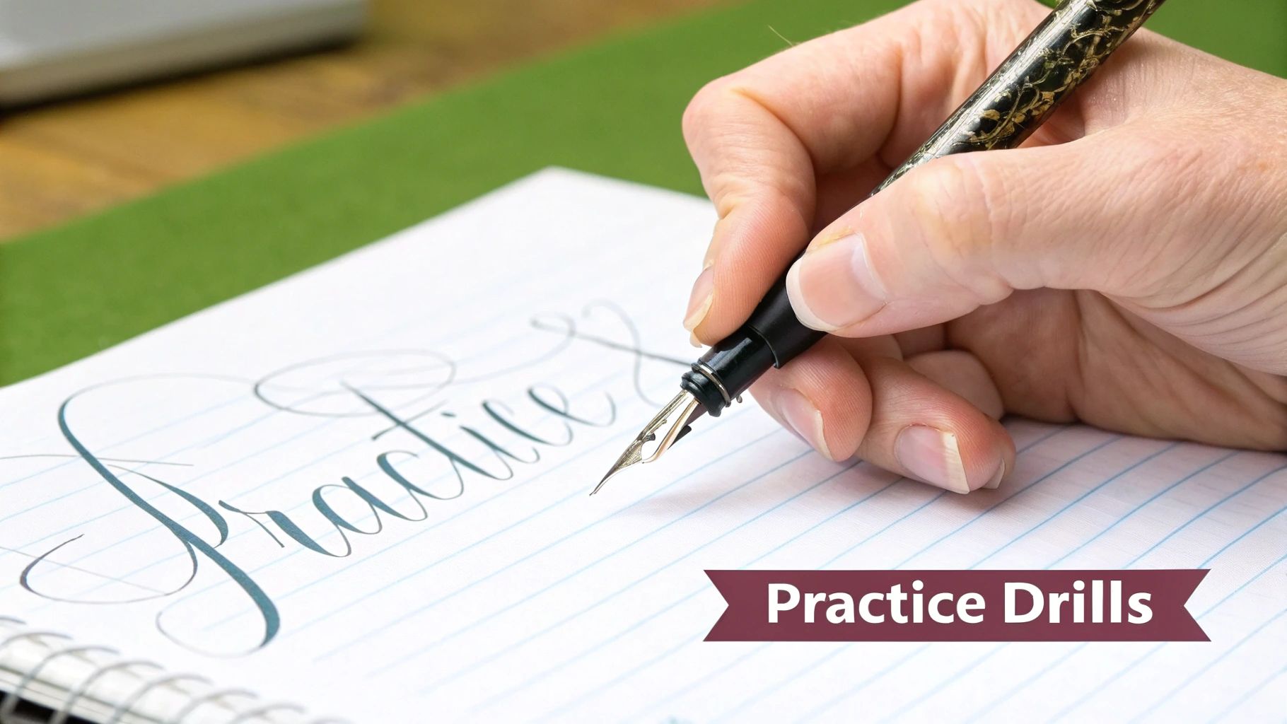 A person mindfully practicing handwriting drills in a notebook.