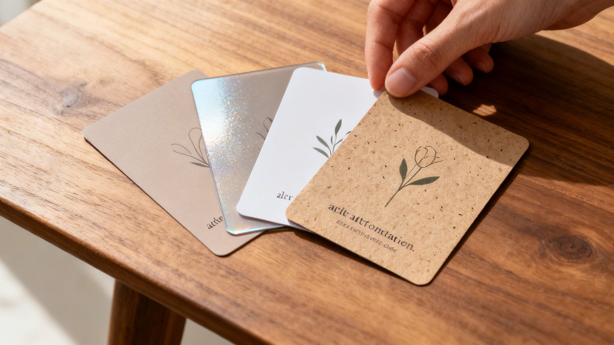 A hand holds a brown textured affirmation card with a floral design, displayed with three other cards on a wooden table.