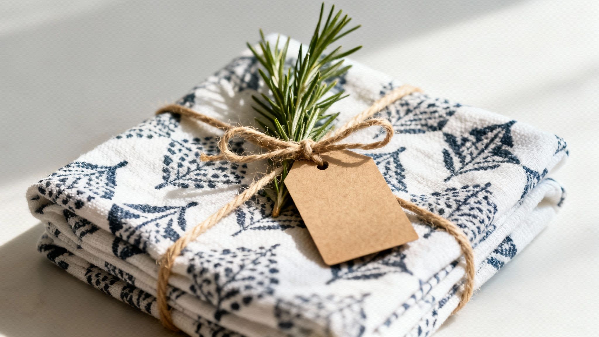 A stack of white kitchen towels with blue leaf patterns, tied with twine, rosemary, and a blank gift tag.