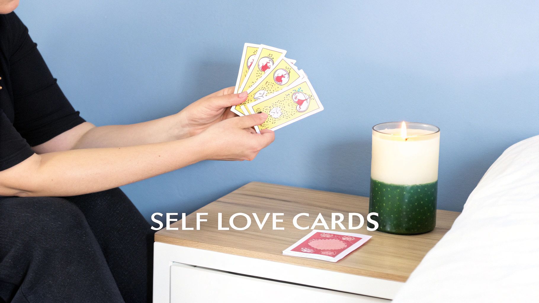 A hand holding a self love affirmation card with a positive message written on it, against a soft, calming background.