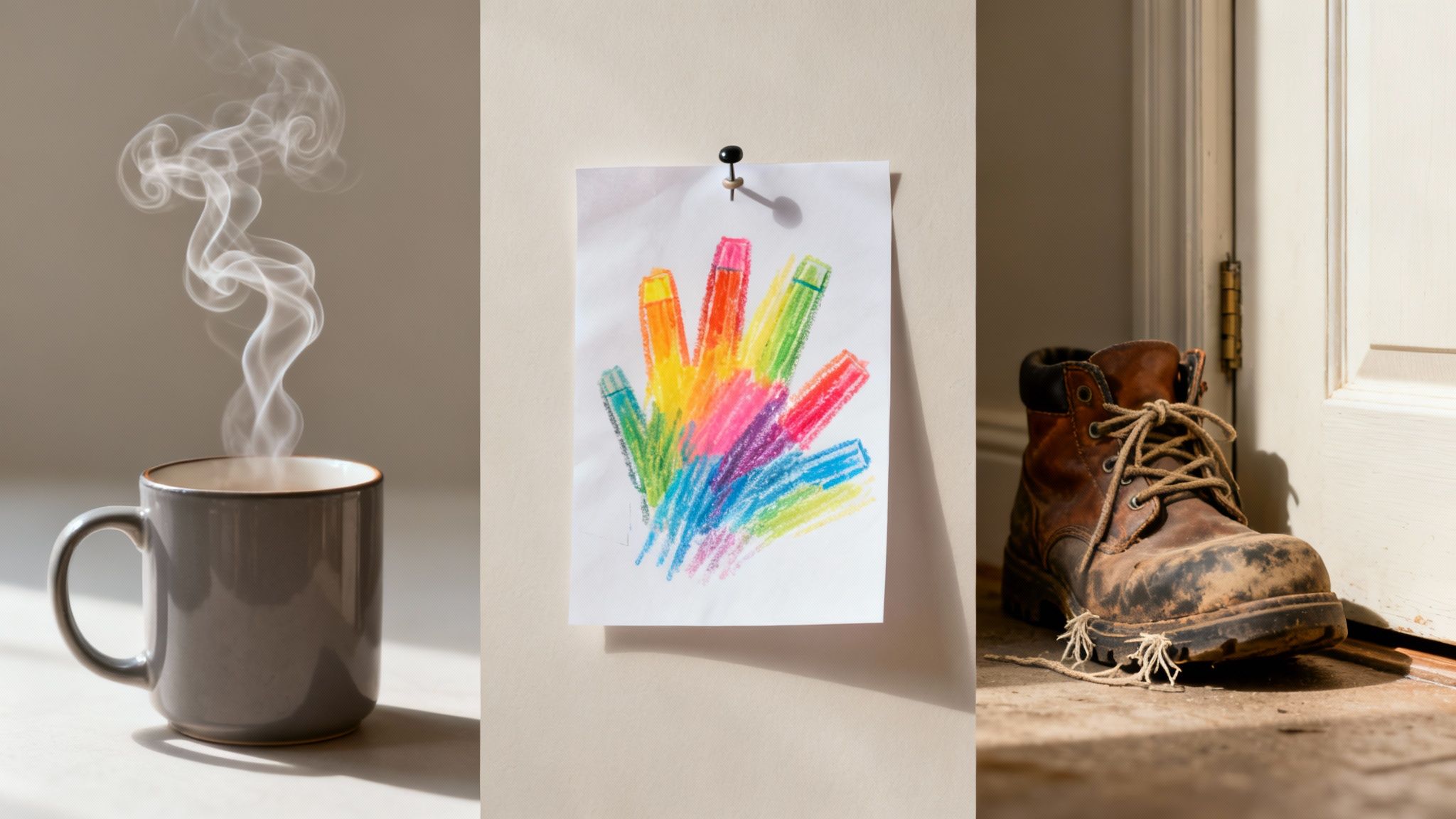 A triptych of three contrasting images: a steaming coffee mug, a child's handprint drawing, and a worn work boot.