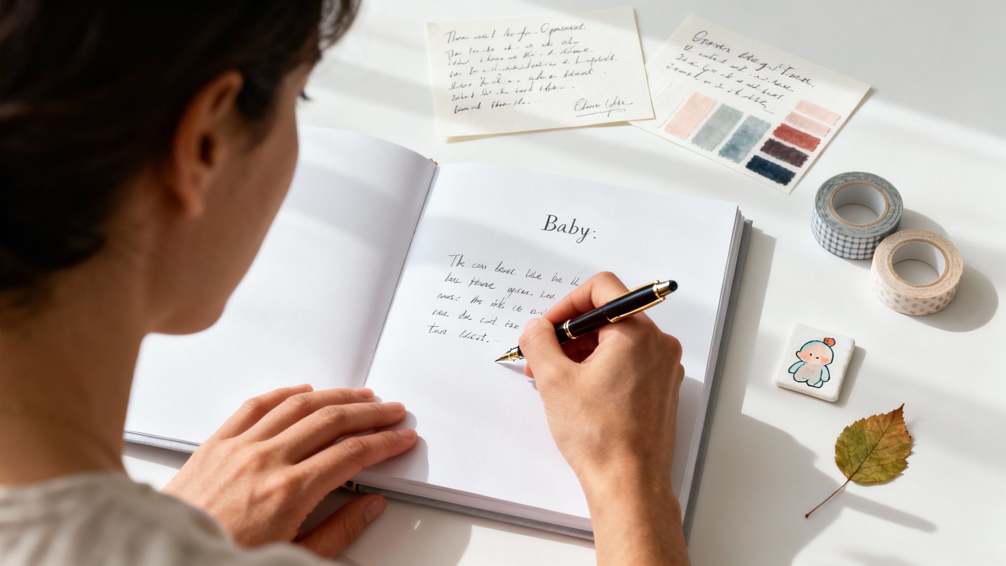 A person writes in a "Baby:" journal with a pen, surrounded by notes, washi tape, and baby items.