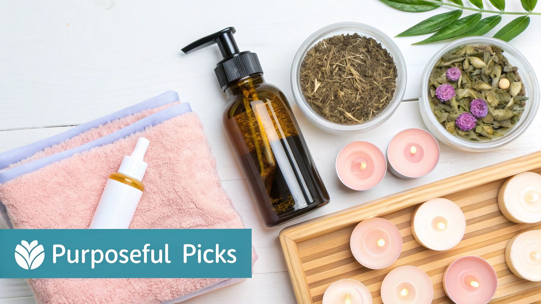 A curated collection of wellness products including a plush blanket, candle, lotion, and small plant.