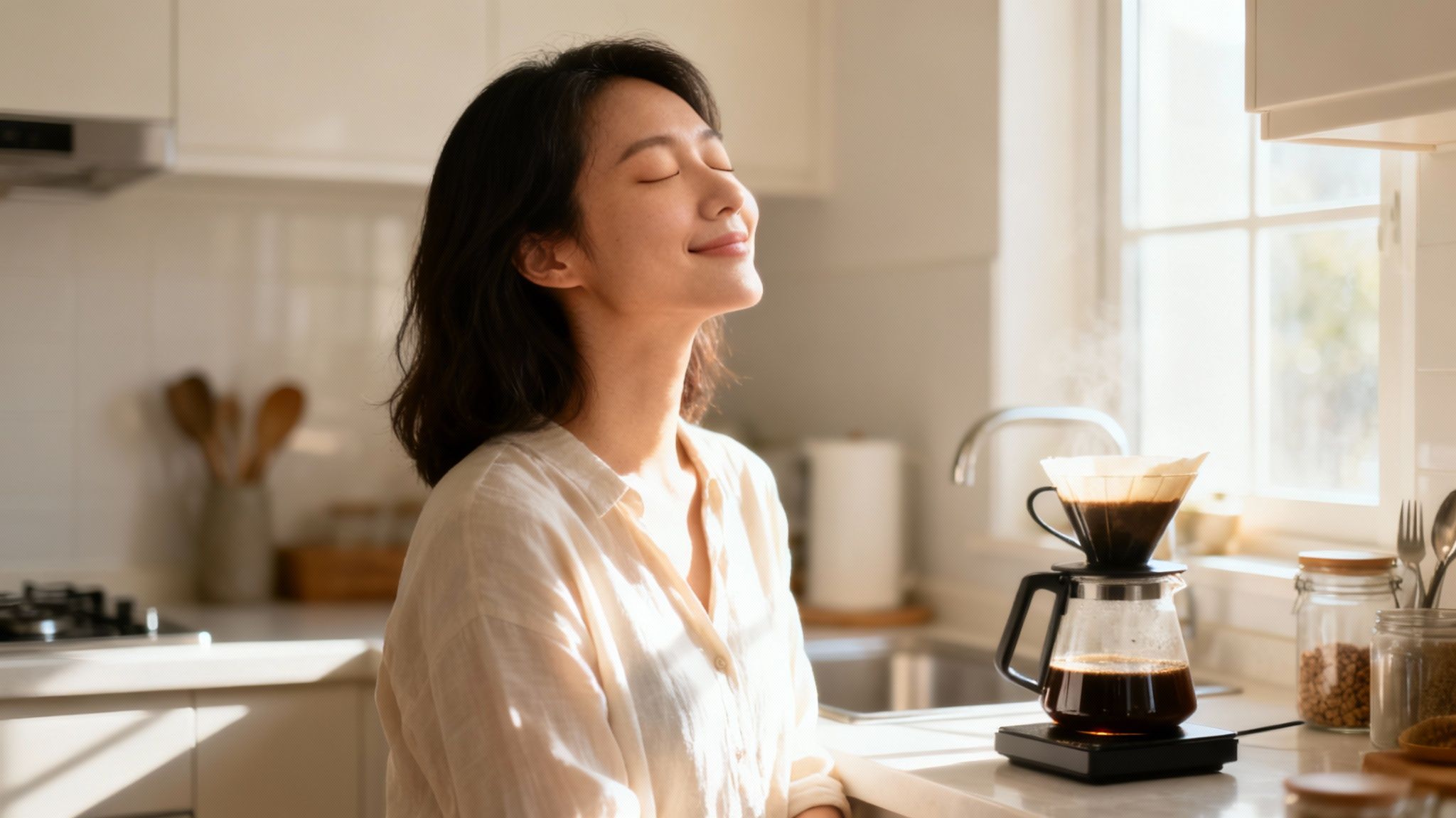 A woman happily enjoying the aroma of freshly brewed pour-over coffee in a sunlit kitchen.