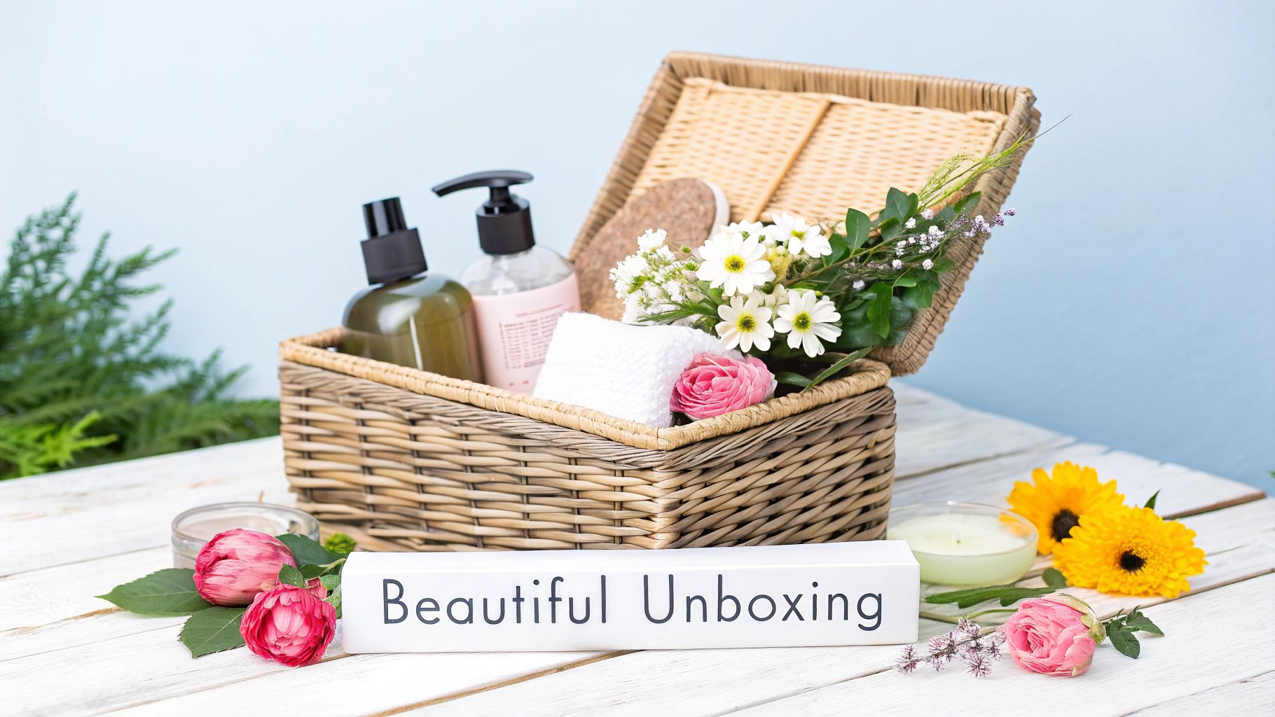 A beautifully arranged wellness gift basket with natural fillers and thoughtful presentation.
