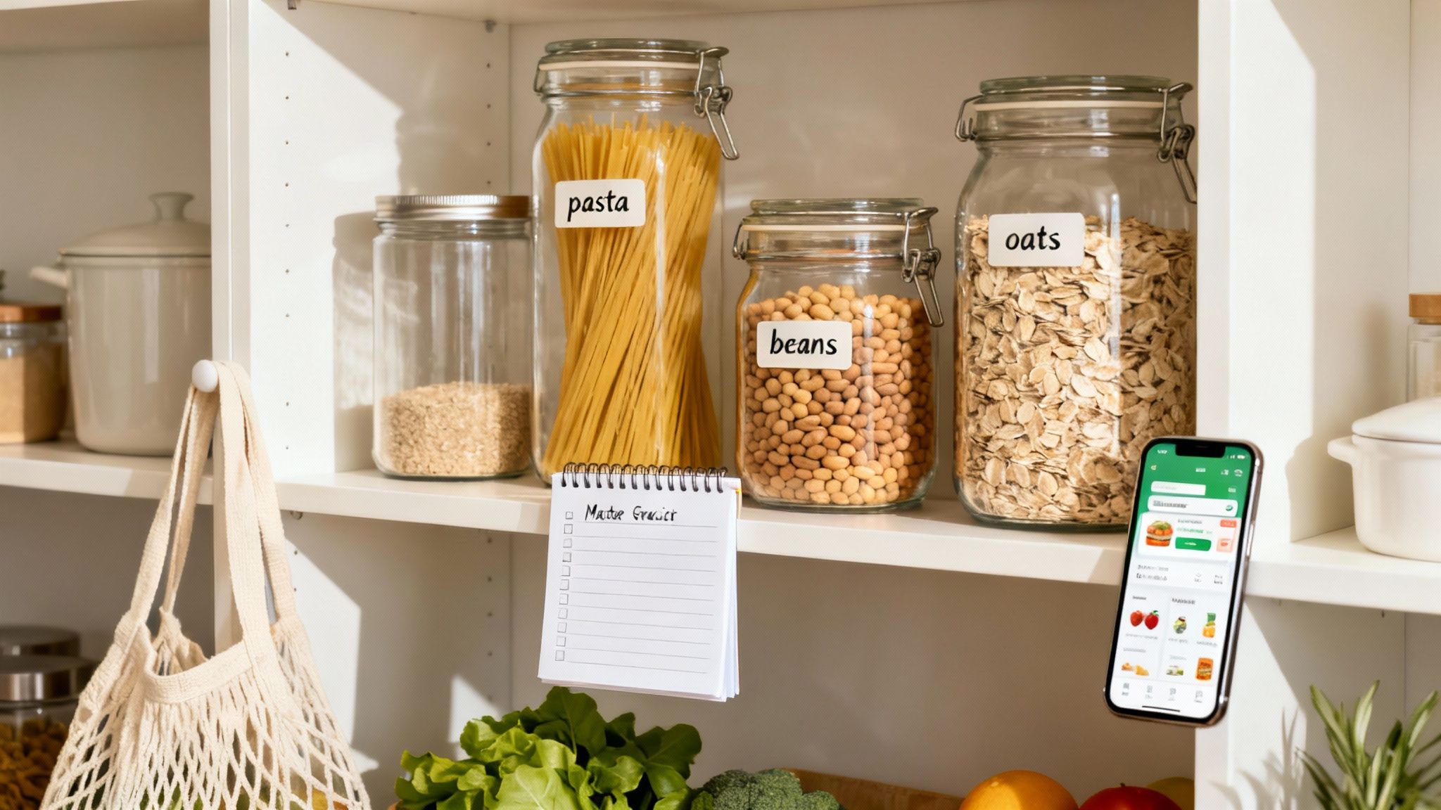 A well-organized pantry shelf with labeled jars of pasta, beans, oats, a grocery list, and a phone with a shopping app.