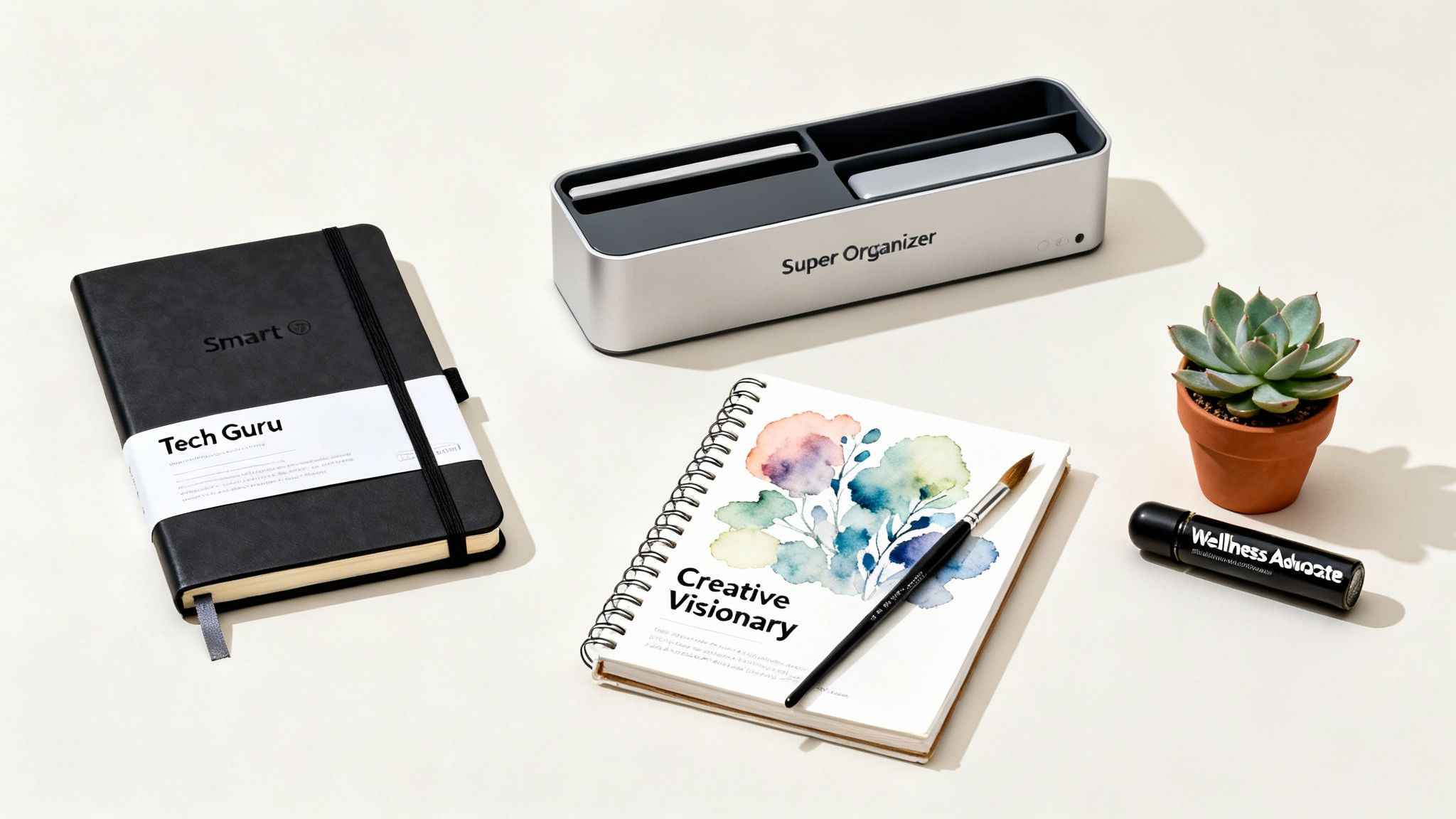 A creative workspace flat lay with a notebook, desk organizer, sketchbook, small succulent, and a wellness bottle.