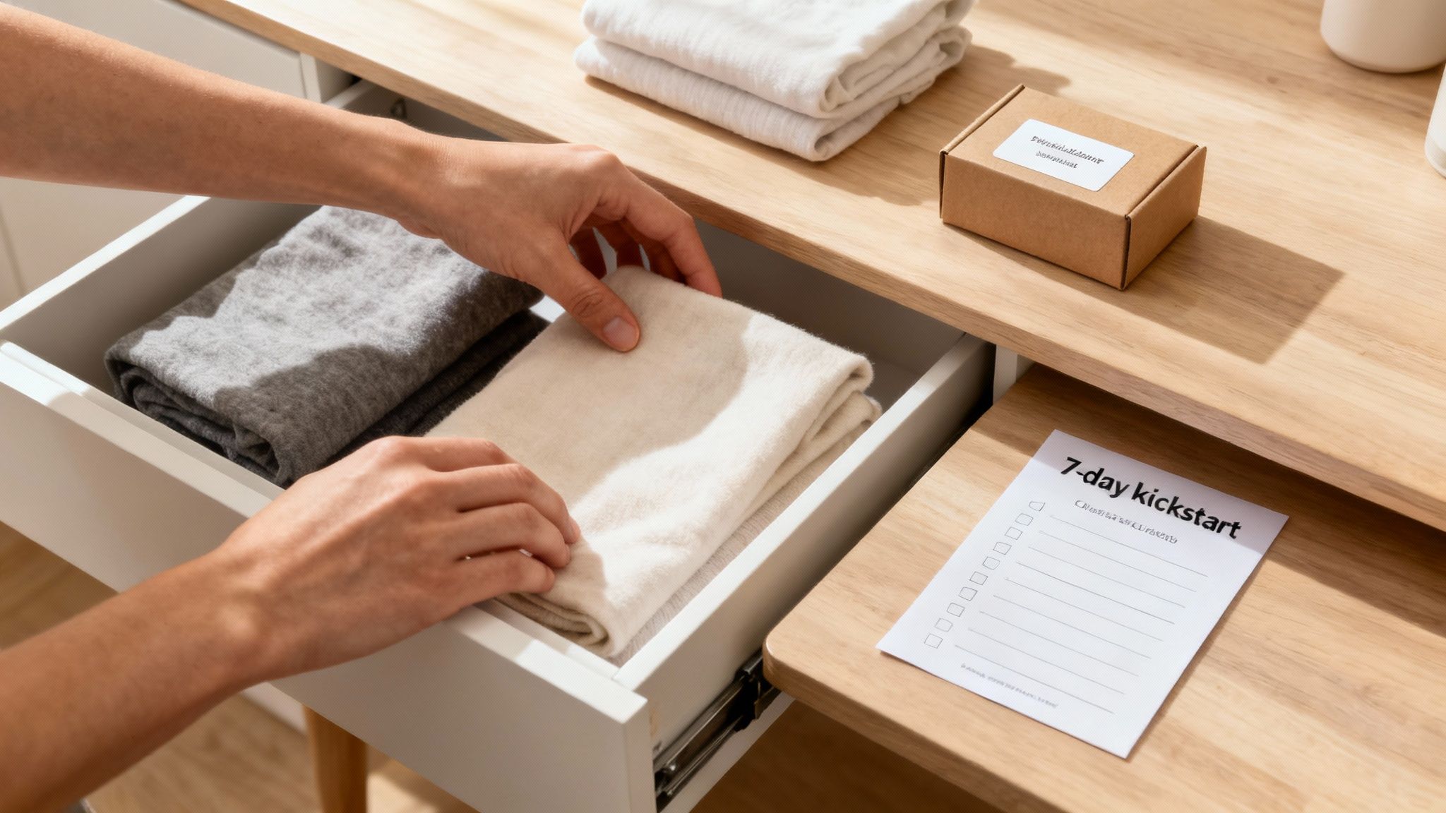Hands organizing folded neutral toned clothing in drawer with minimalist workspace and checklist