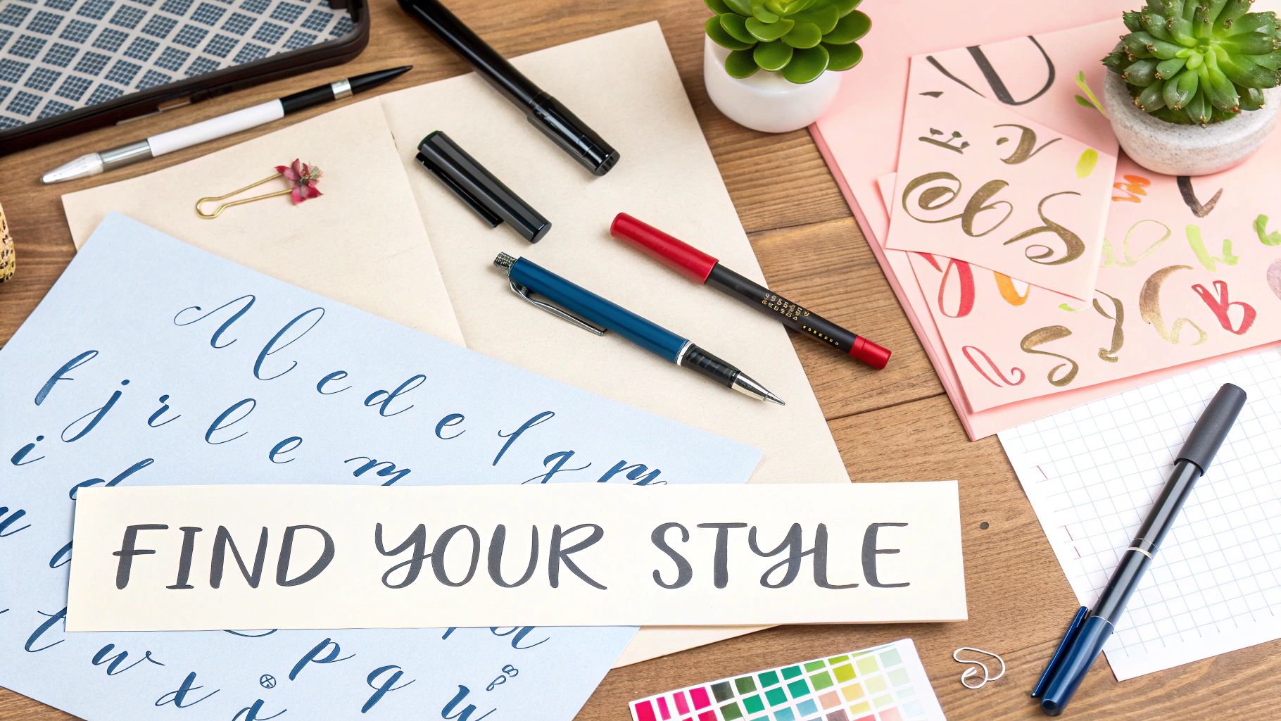 Woman exploring different handwriting styles in a notebook.