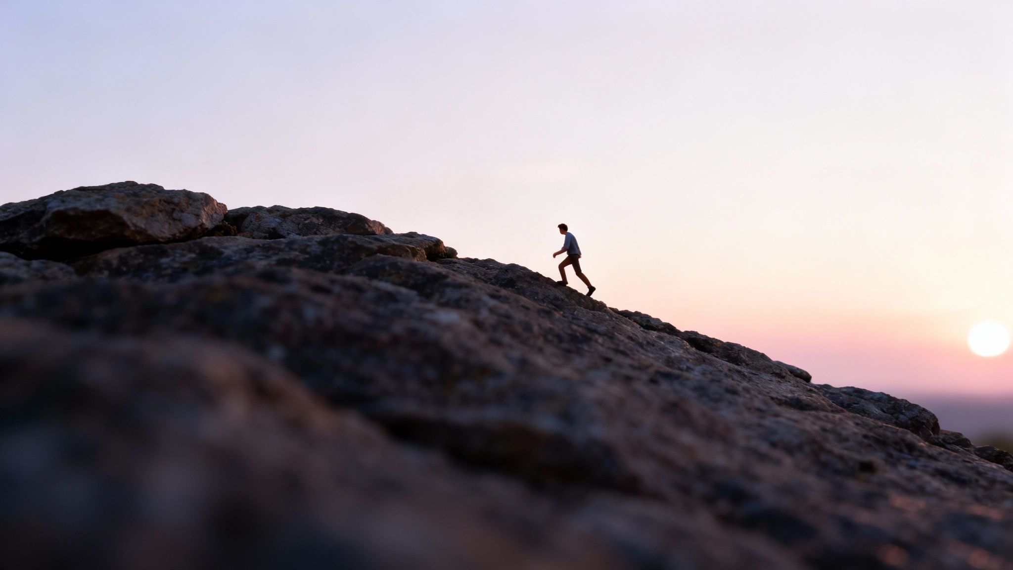 Miniature man climbs a rocky hill towards a beautiful gradient sky during sunrise.