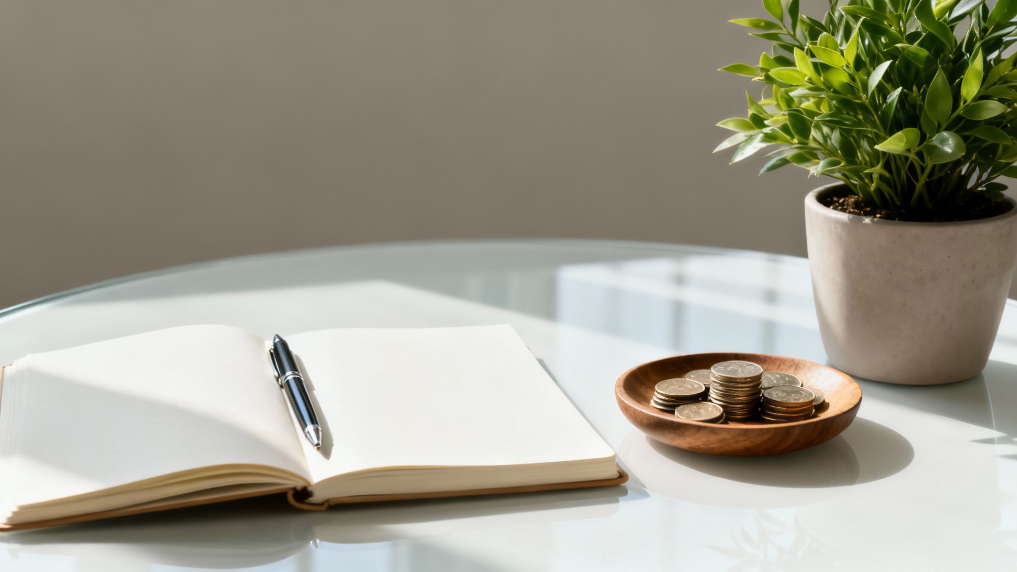 Open notebook with pen, coins in wooden bowl, and potted plant on minimalist desk