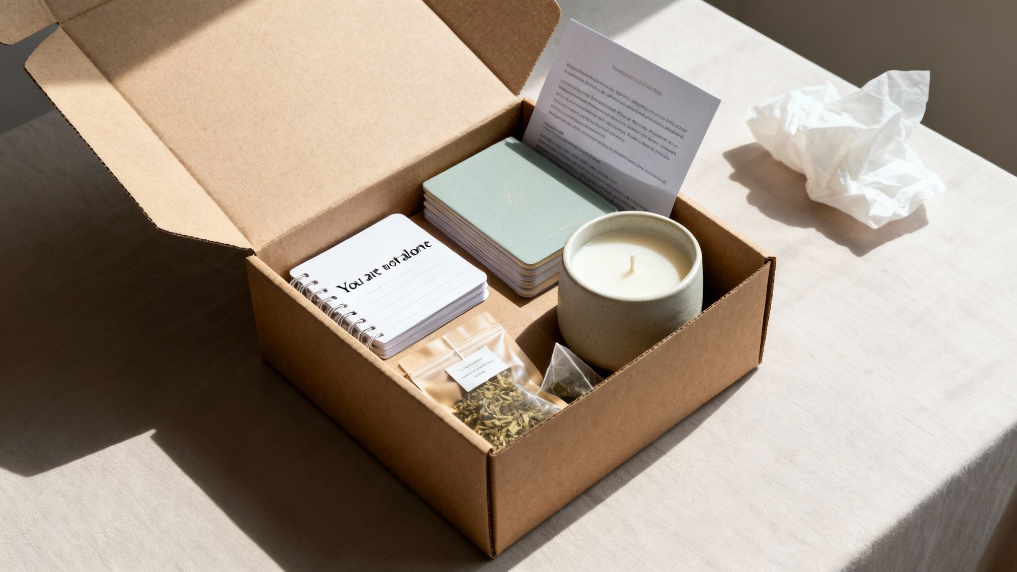 Open care package box with 'You are not alone' notebook, candle, booklets, and tea.