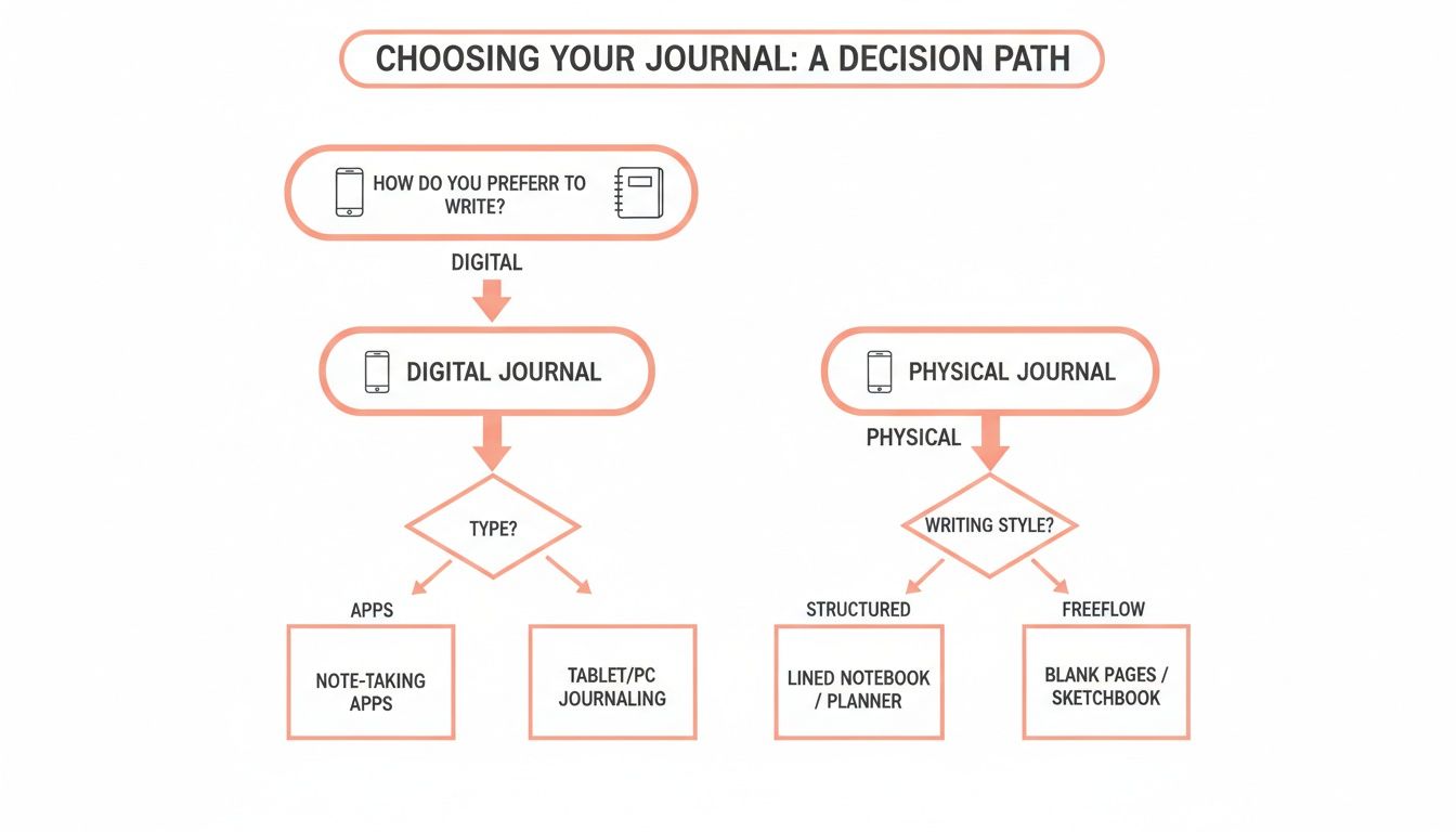 A decision path flowchart guiding on choosing a journal: digital (apps, tablet) or physical (notebook, sketchbook).