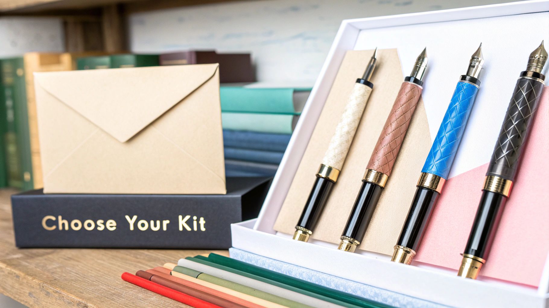 A person's hands holding a pen and writing on high-quality paper from a letter writing kit.