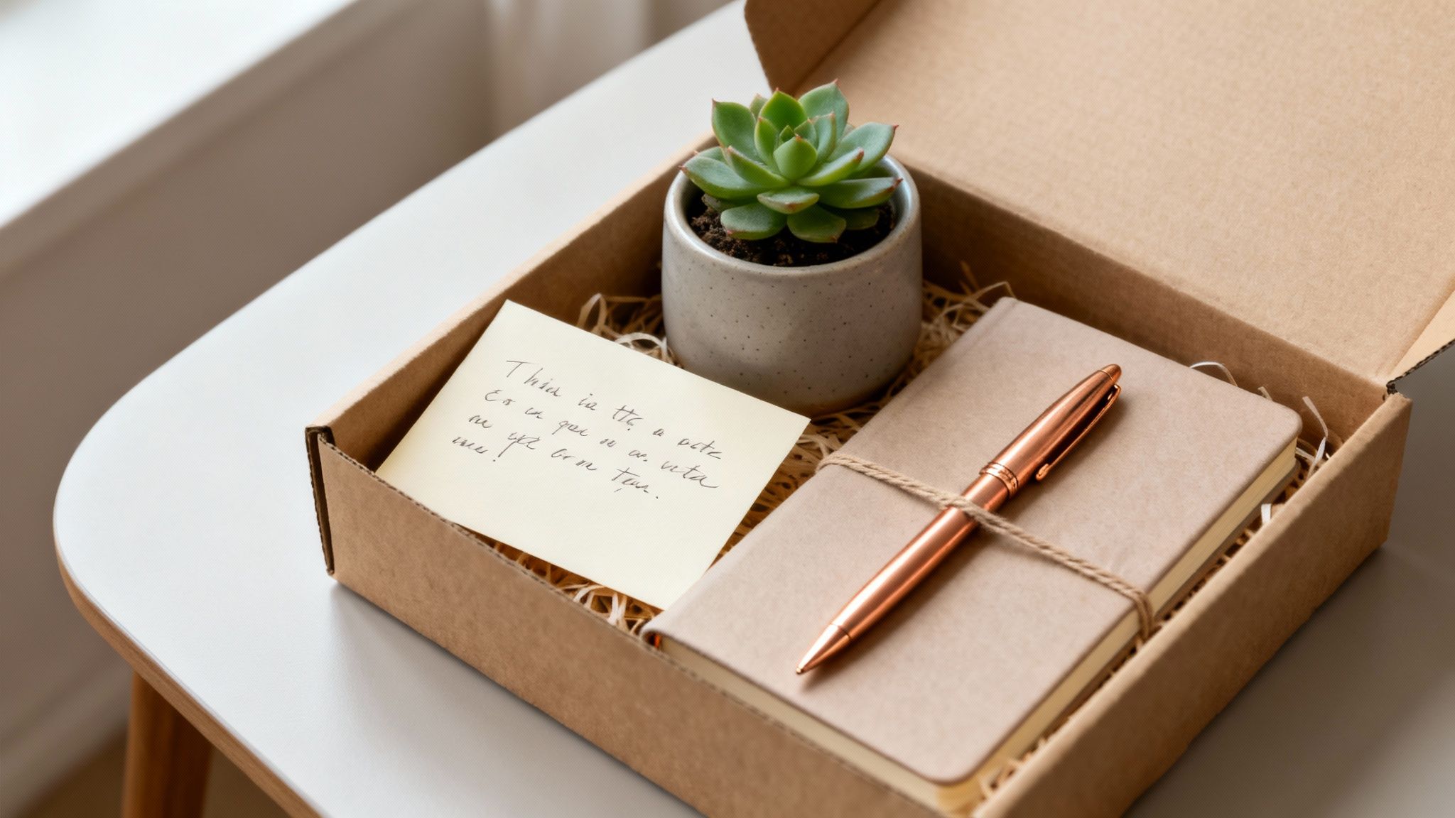 A thoughtful gift box containing a succulent plant, a notebook with a pen, and a handwritten note.
