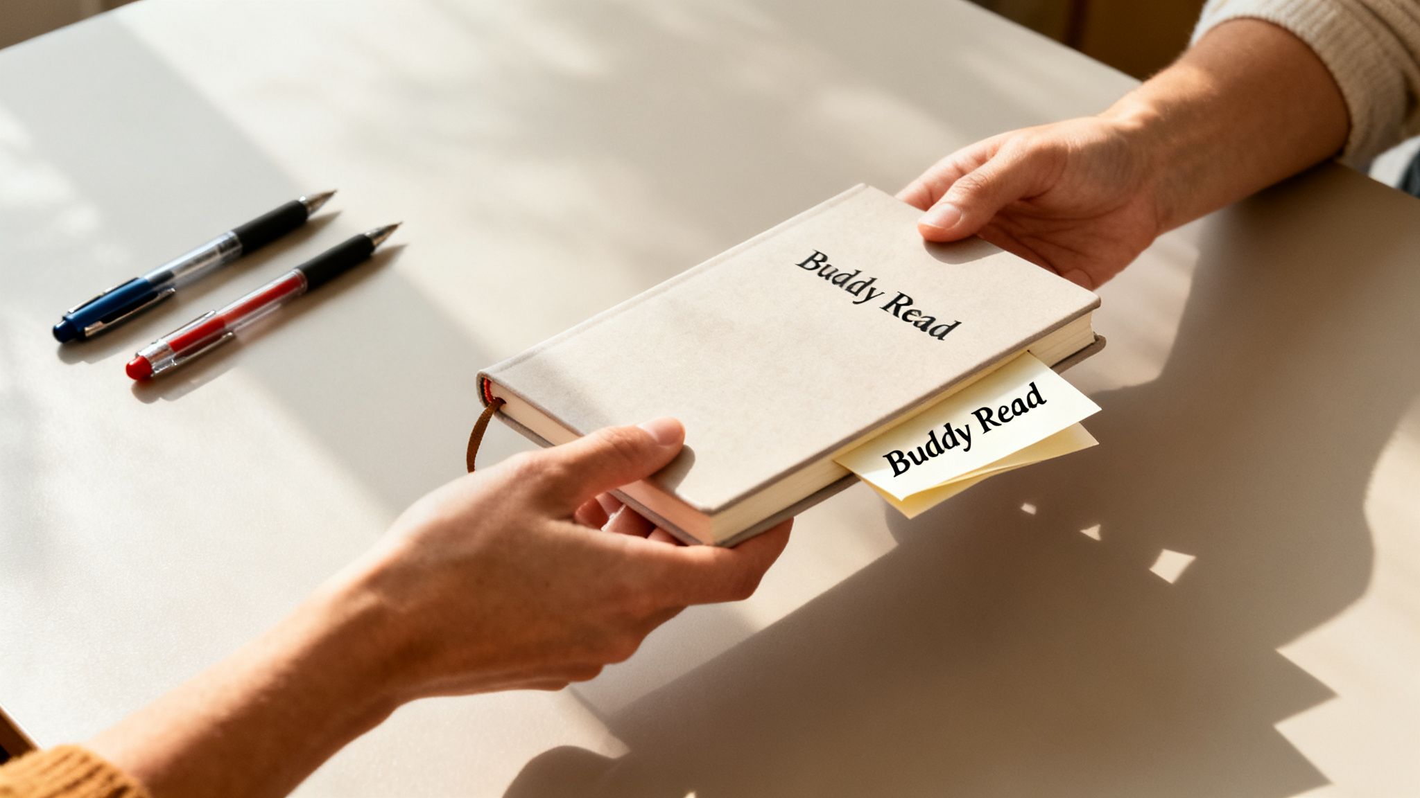 Two hands exchanging a light brown 'Buddy Read' journal on a table with pens.