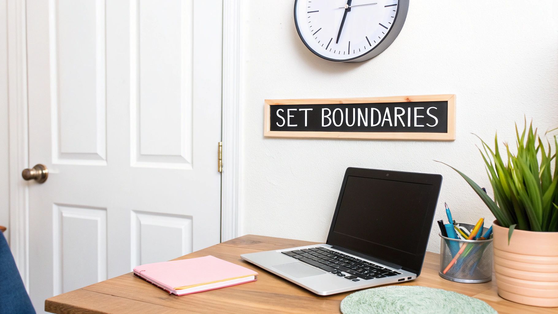 A person mindfully drawing a line in the sand, symbolizing the creation of clear boundaries between work and personal life.